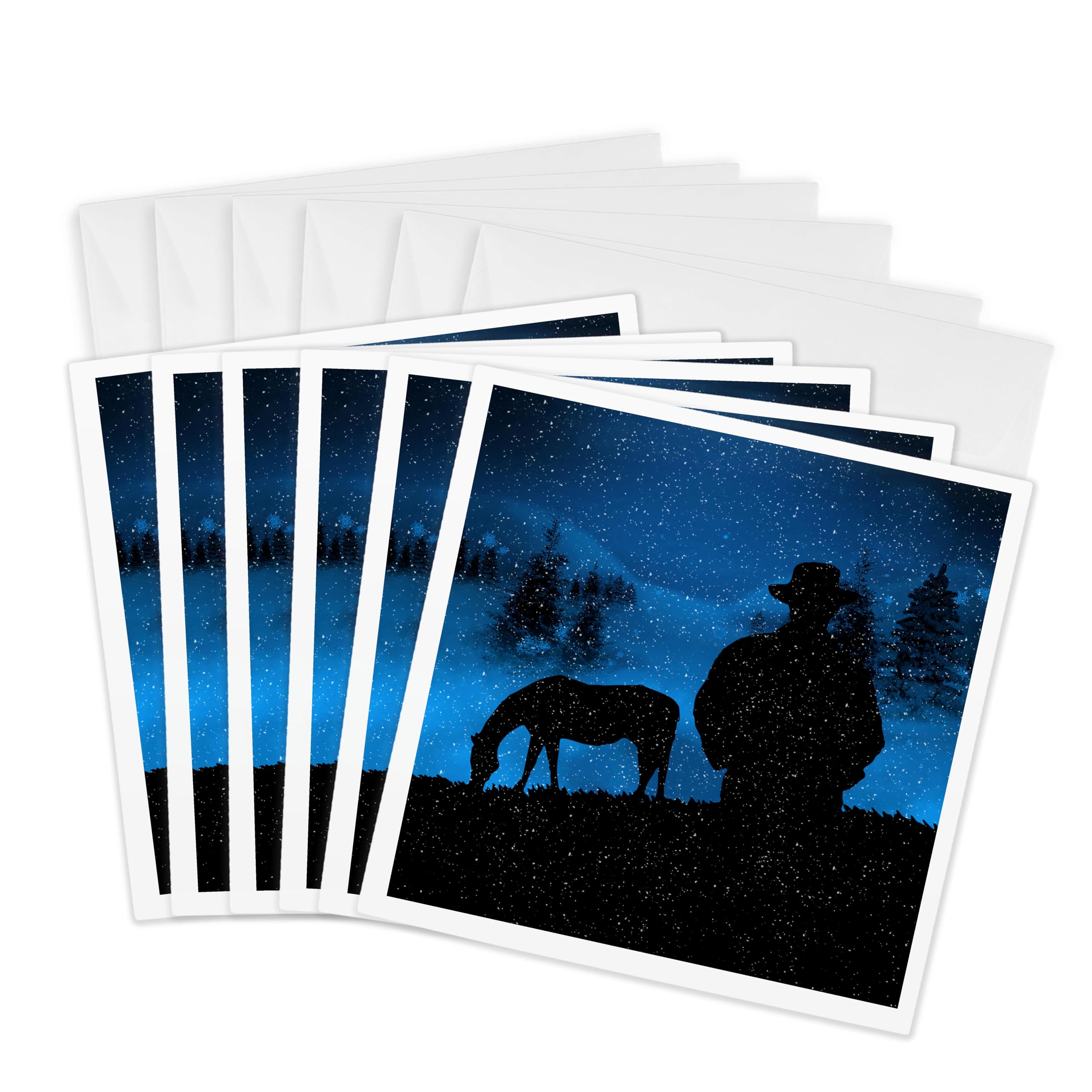 3dRose gc_233590_1 6 x 6-Inch "Cowboy and Horse Silhouettes in Twilight Winter Woodland Scene" Greeting Card (Pack of 6)