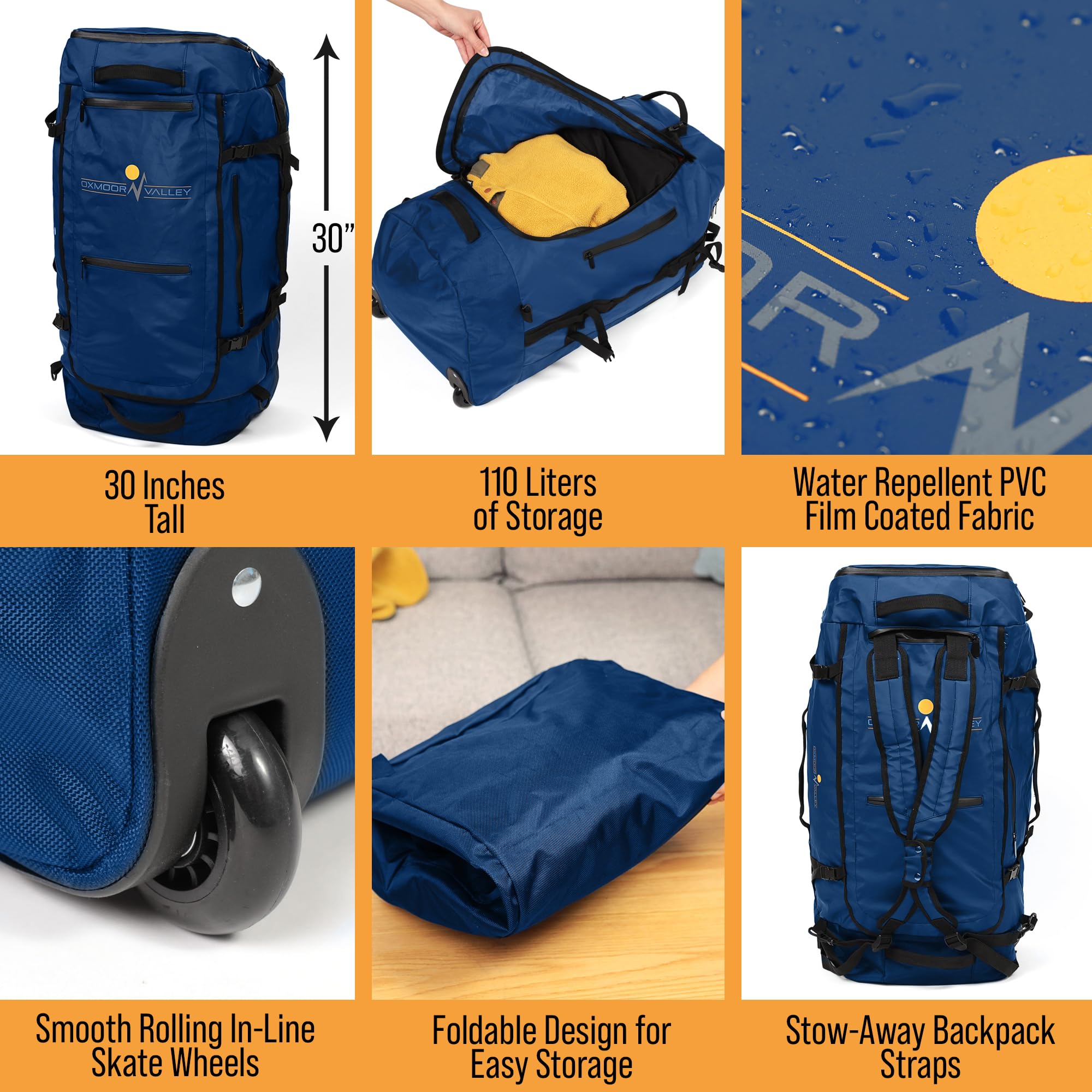 OXMOOR VALLEYTahoe 110L Rolling Travel Duffel Bag with Wheels Large  Wheeled Duffle Backpack Straps Water Repellent Collapsible Space  Saving