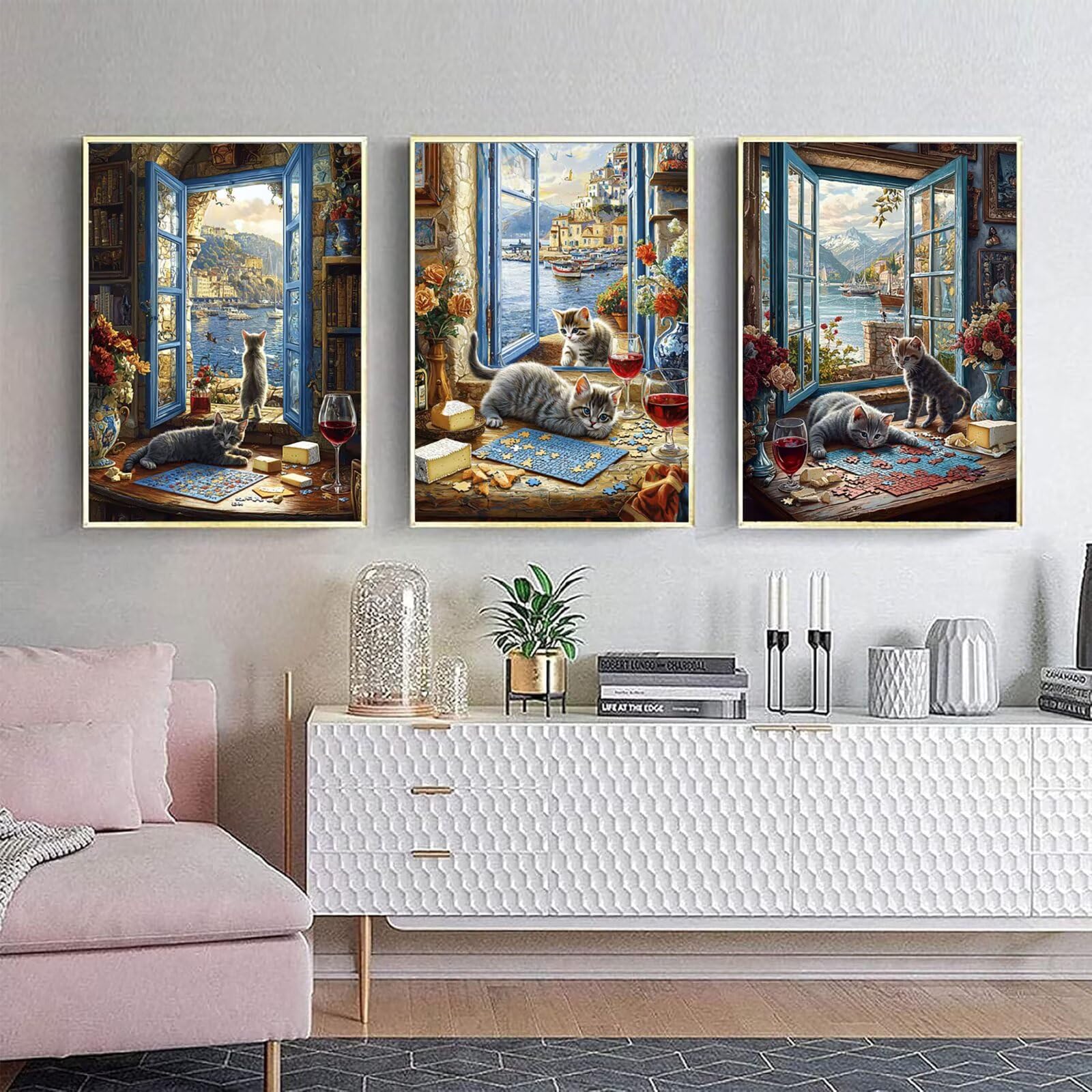 Cnyaunfi 3 Pezzi Gatto Pittura Diamante Fai-Da-Te, 5D Blu Diamond Painting Kit Completo per, Hobby Creativi Adulti, Pittura Diamante Artigianale Per La Decorazione Della Parete Di Casa 70x90cm YF-3069