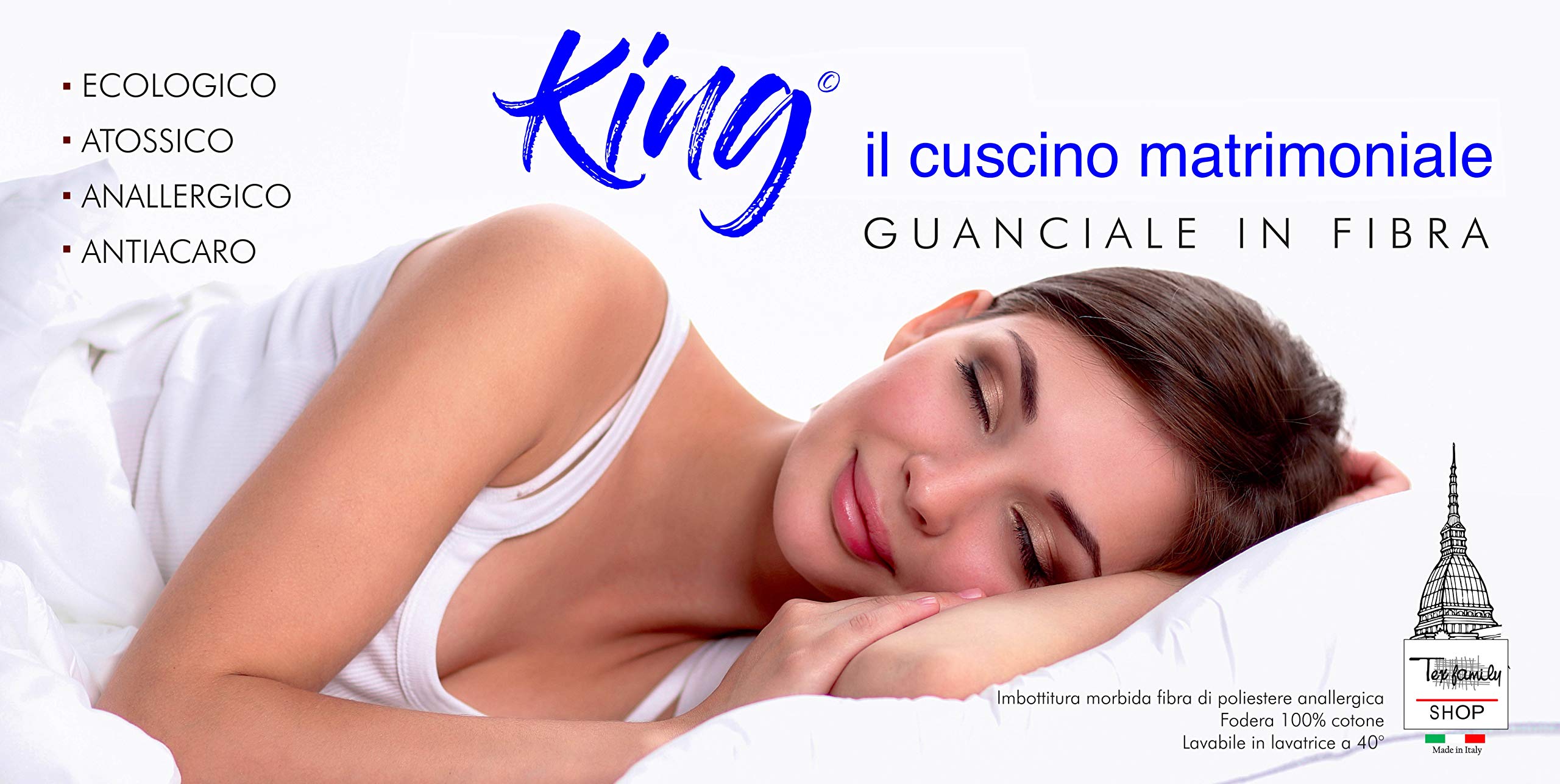 Tex family GUANCIALE King Cuscino Letto 2 PIAZZE Matrimoniale Lungo cm. 180 Mis. Bianco CM. 50 X 180