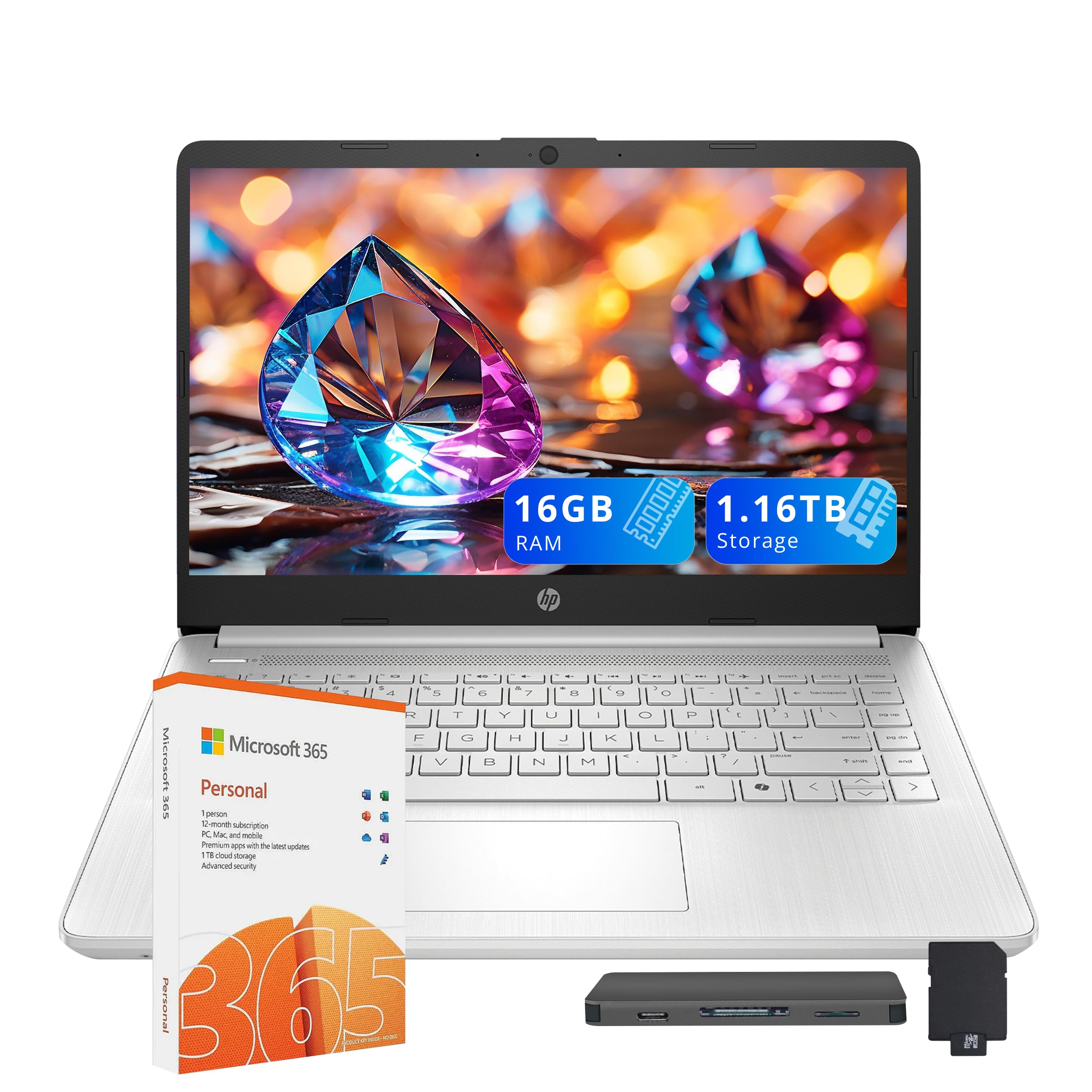 HP Stream 14" HD Laptop for Student & Business, Intel Processor N150, 16GB RAM, 1.16TB Storage (128GB UFS+1TB Docking Station Set), Intel Graphics, 1 Year Office 365, Copilot, Wi-Fi 6, Win 11s, Silver