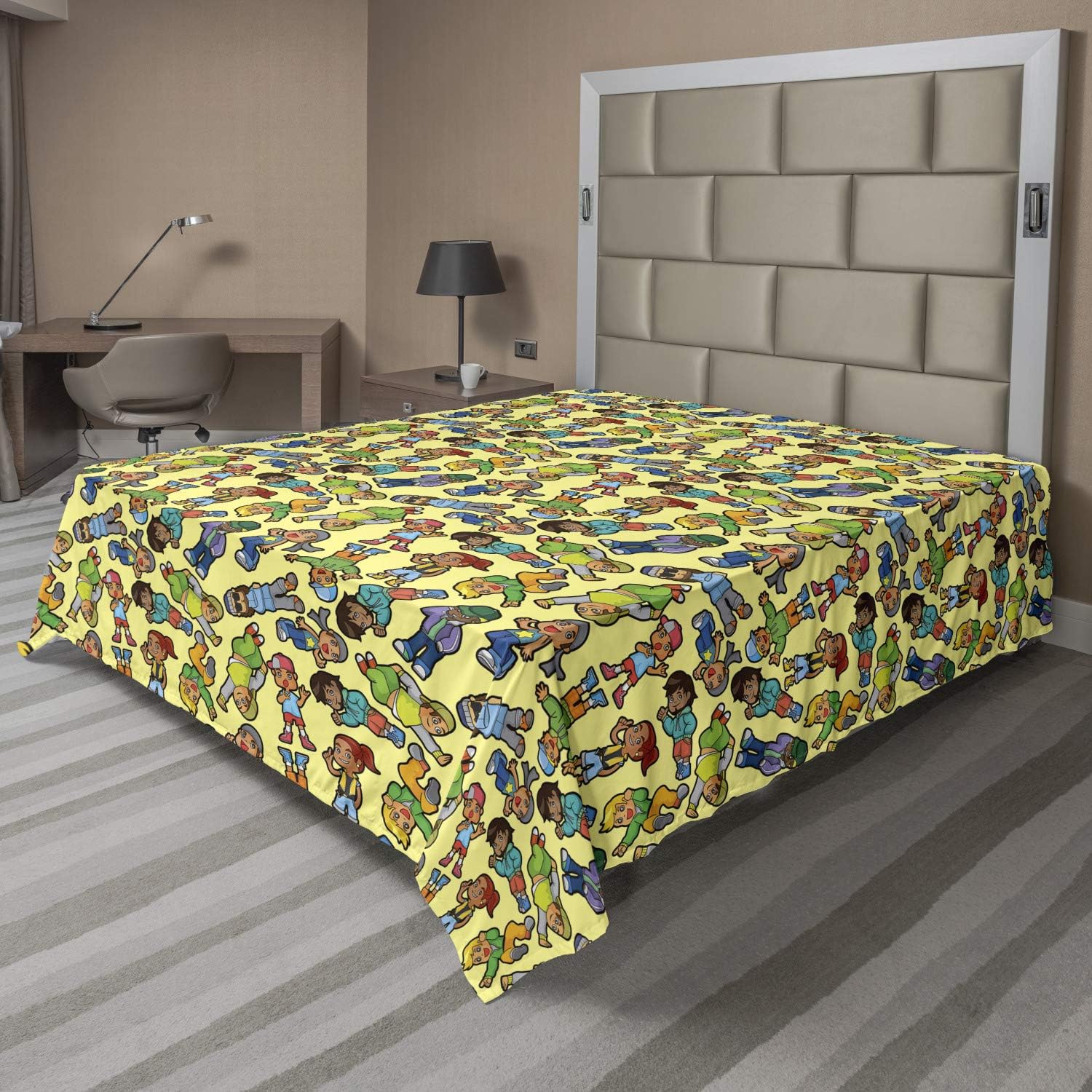 Ambesonne Hip Hop Flat Sheet, Cartoon Hip Hop Boys and Girls in Colorful Underground Fashion Clothes, Soft Comfortable Top Sheet Decorative Bedding 1 Piece, Queen Size, Multicolor