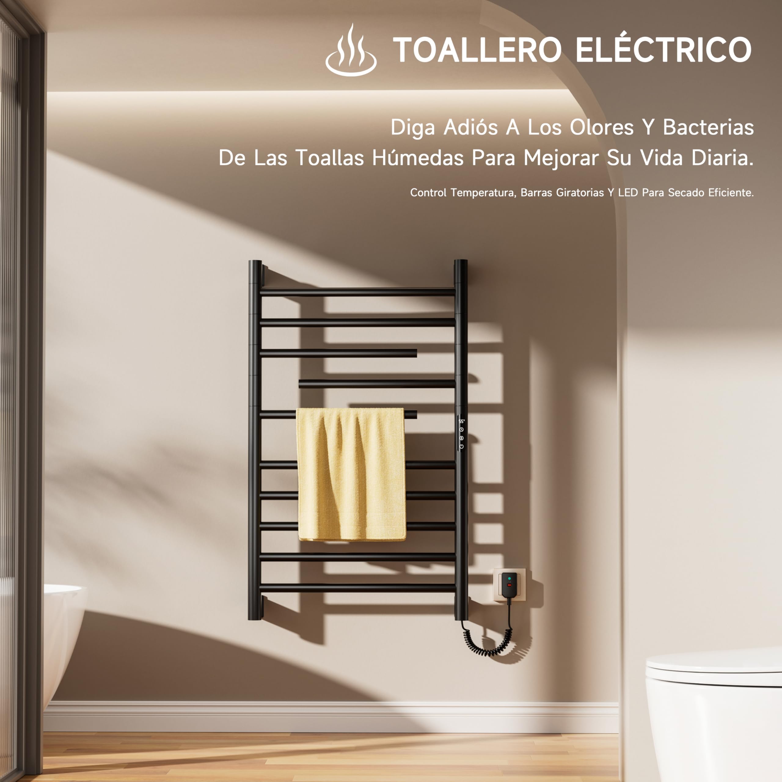 Toallero electrico baño 520×850 mm,Negro Radiador toallero,Toallero eléctrico de bajo Consumo,Algunos Elementos calefactores Pueden Girar 180°,Incluye Pantalla LED,Control táctil y Temporizador
