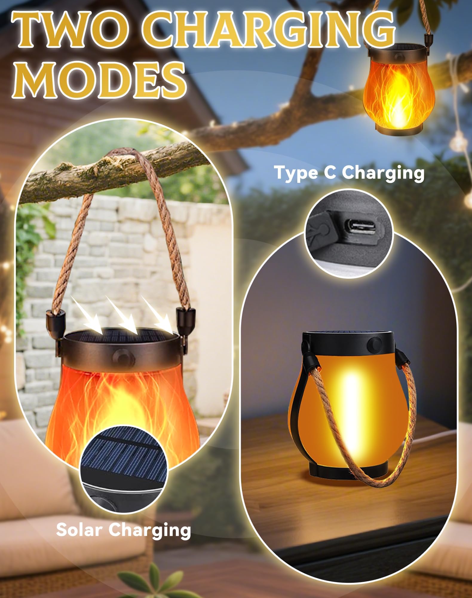 Solar Laterne mit Tanzende Flammen, 4 Stück Solar Lampe Outdoor Hängend, Campinglampe Solar Garten für Außenbereich,Terrasse, Veranda, Balkon