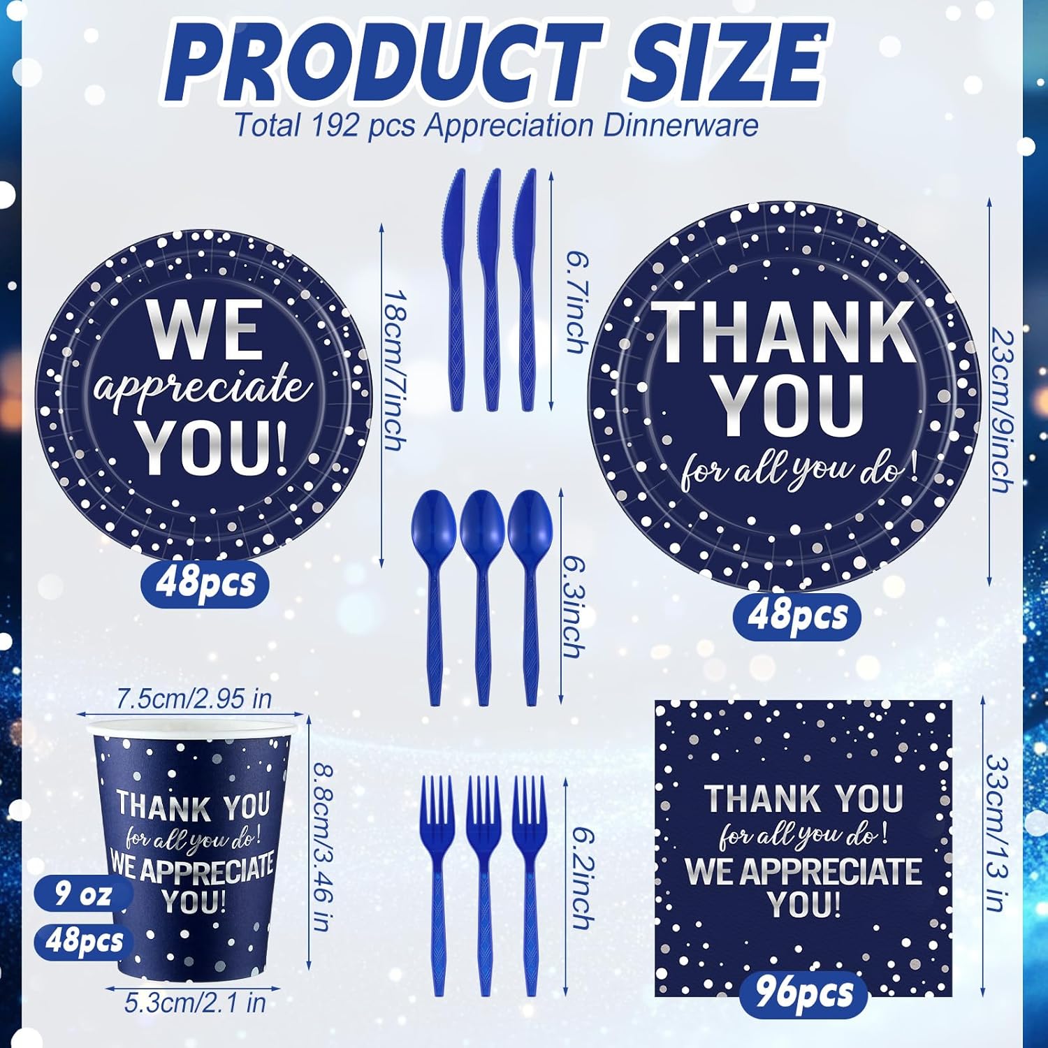 Funnymoom 384 Pcs Graduation Thank You Plates Napkins Appreciation Party Decorations Supplies We Appreciate You Disposable Tableware for Teachers Employee Staff (Blue)