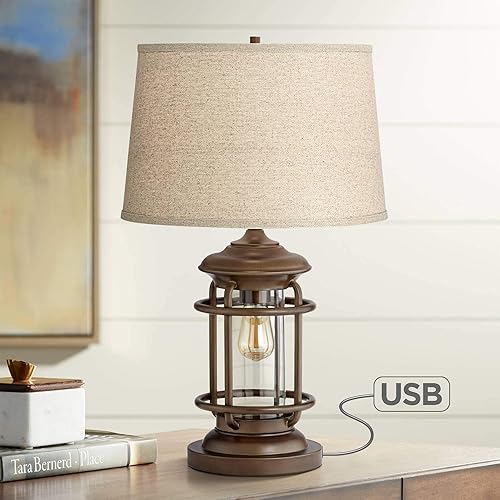 Franklin Iron Works Andreas Industrial Table Lamp with Nightlight and USB Port 26" High Brown Metal Oatmeal Fabric Tapered Drum Shade Antique LED Edison Bulb for Living Room Bedroom Bedside Office