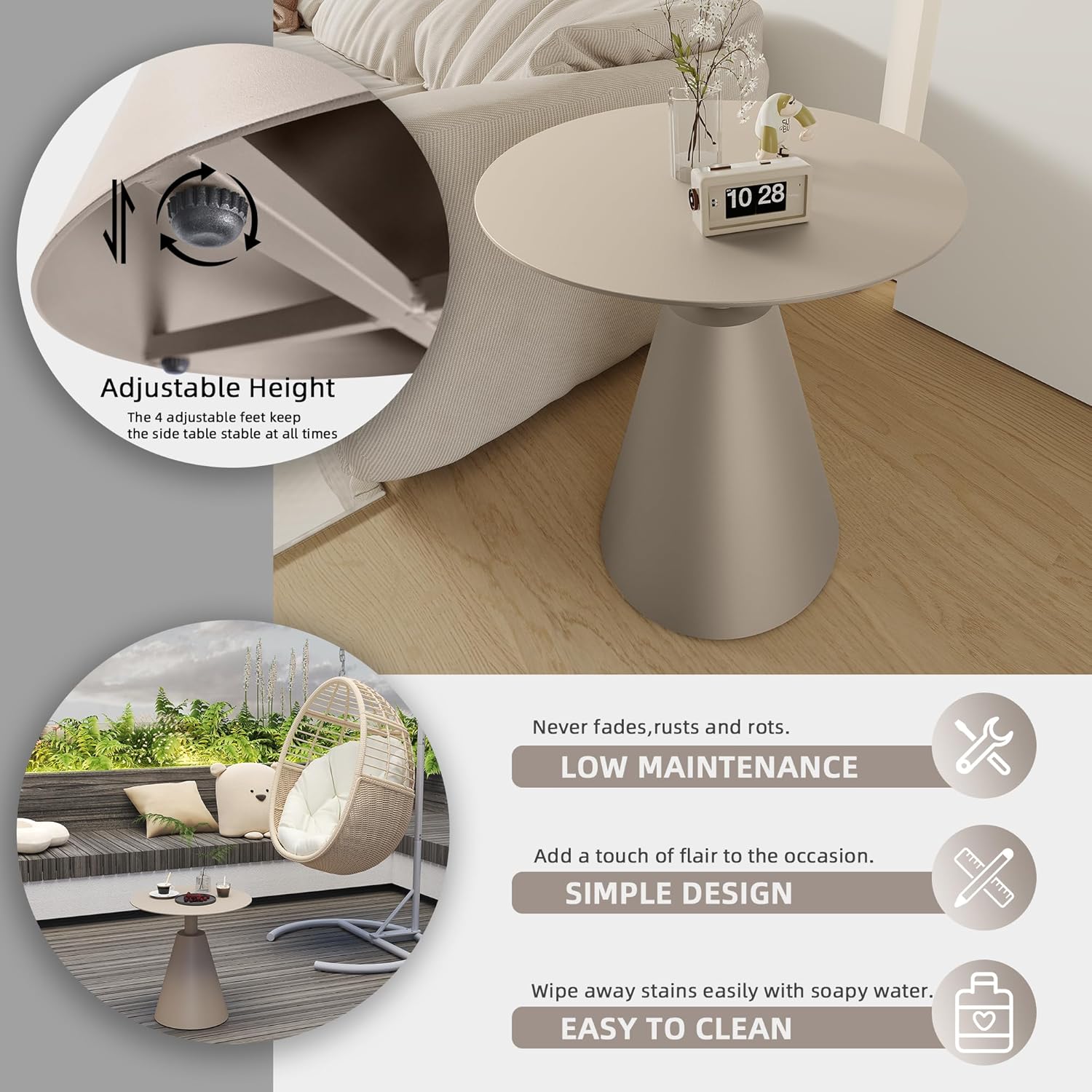 TWT Round Side Table, Round Pedestal End Table Small Farmhouse Martini Table Aluminum Plant Stand Modern Drink Table for Small Space Living Room, Balcony, 19.5 in x 21.7 in-Champagne