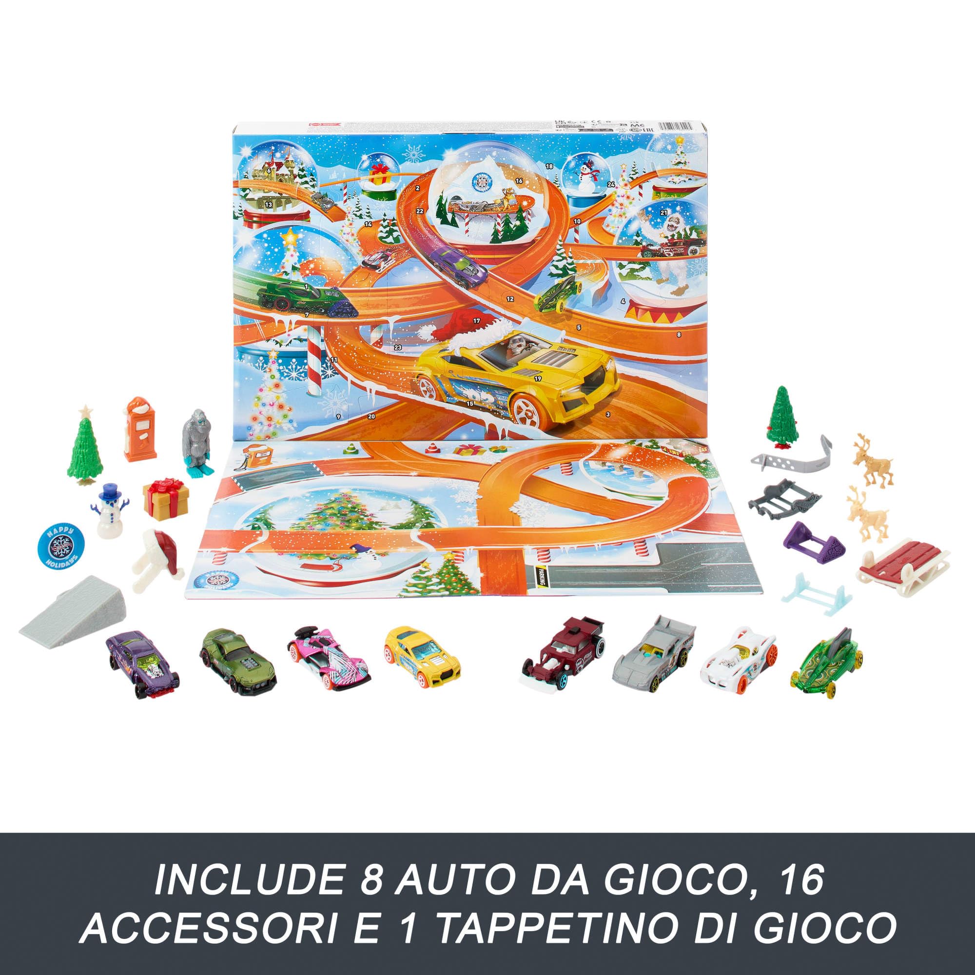 Hot Wheels - Calendario dell'Avvento 2024, 24 finestrelle numerate con sorprese e tappetino di gioco, 8 macchinine e 16 accessori a tema invernale, giocattolo per bambini, 3+ anni, HTG00