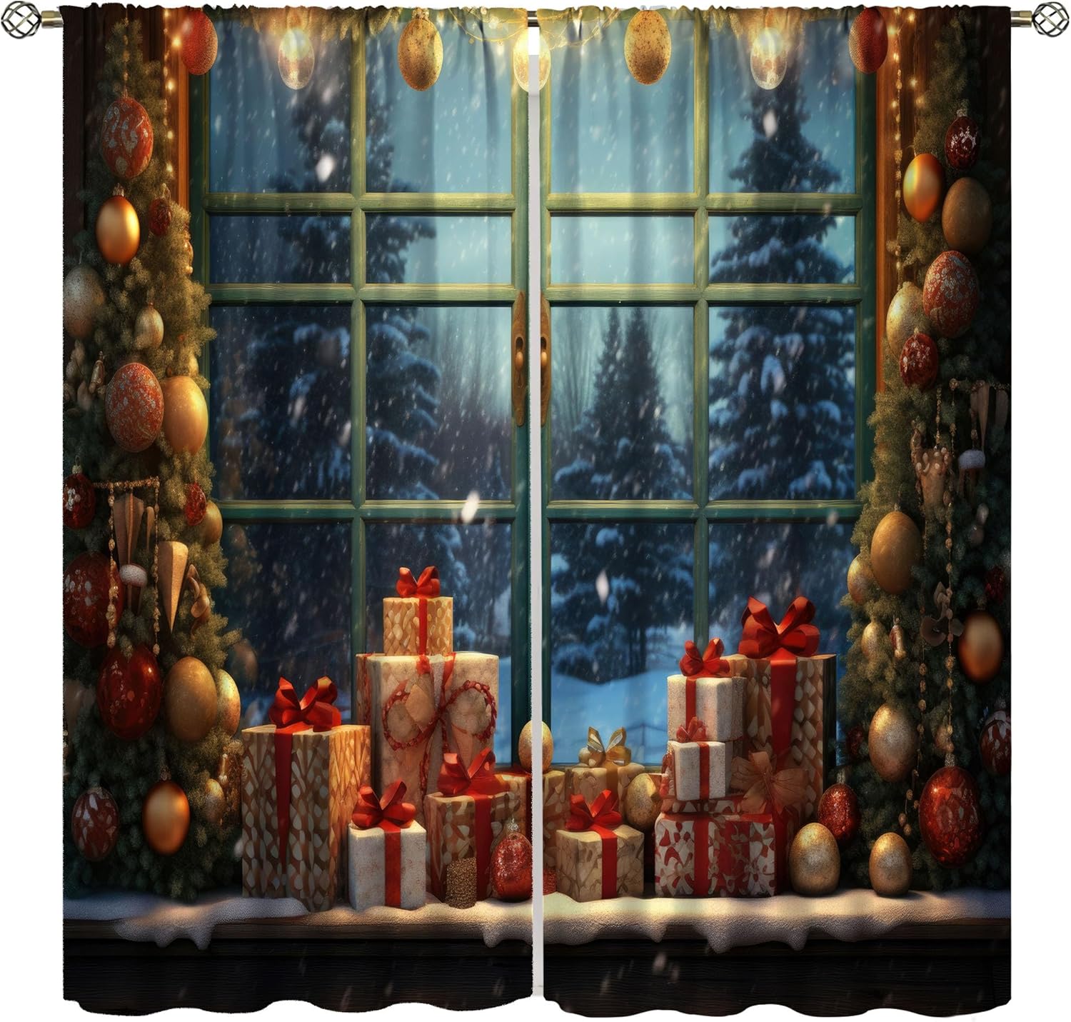 Christmas Living Room Curtains,Xmas Horse Winter Forest Animals Holiday Home Decor Light-Filtering Window Treatment for Bedroom 52x84 Inch