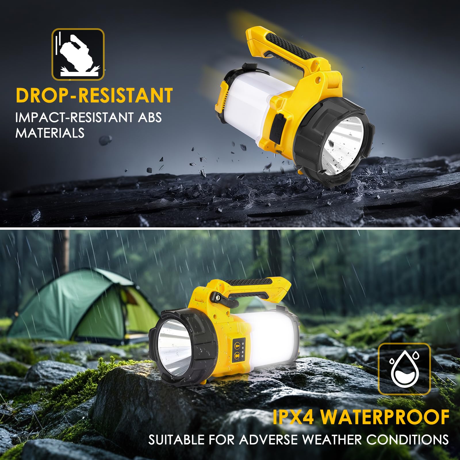 BOBKID - Linterna de camping recargable, 6 modos, linterna LED de mano con 2000 lúmenes, banco de energía de 4400 mAh, reflector impermeable IPX4, luz de trabajo para kits de supervivencia de