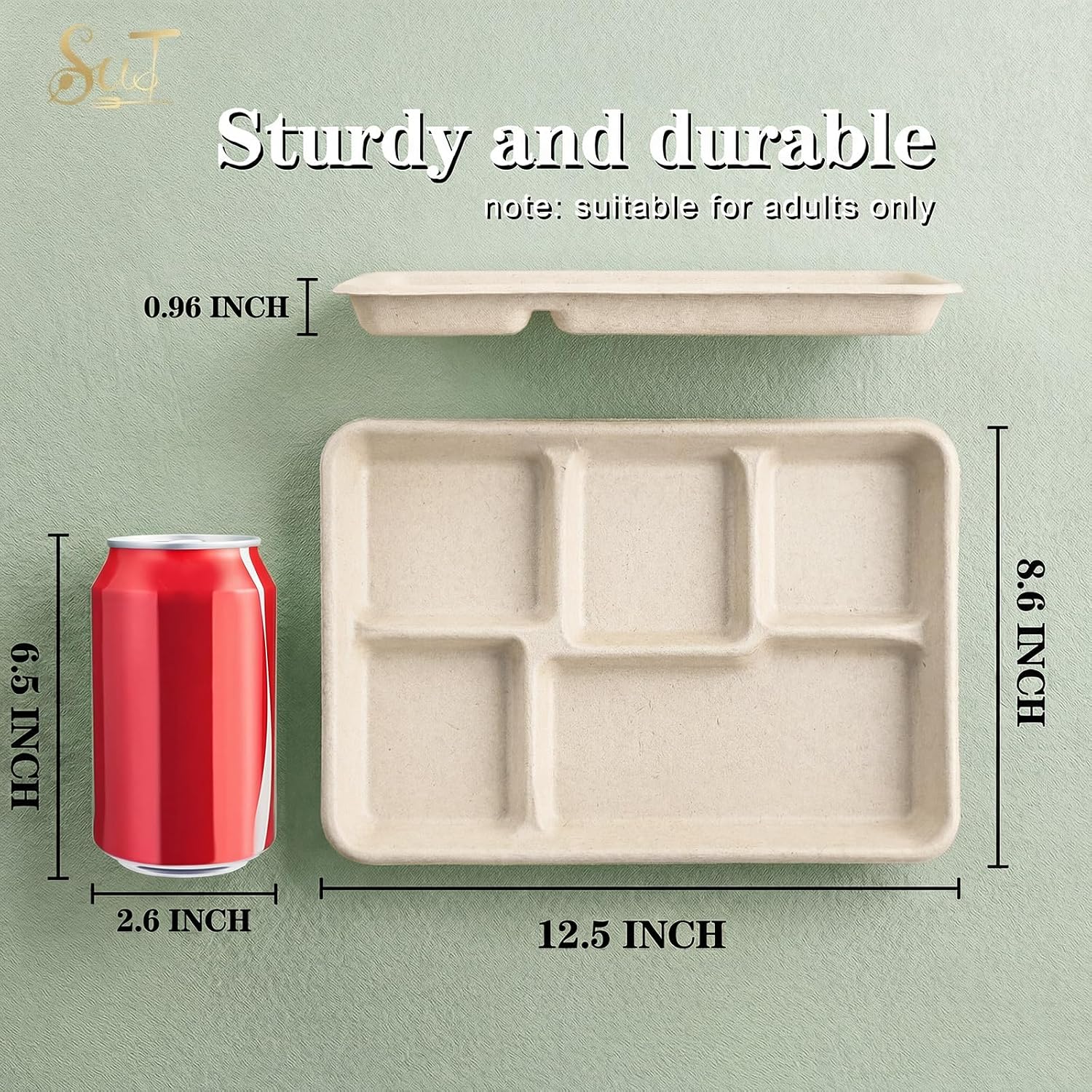 SUT SUT100% Compostable 5 Compartment Plates, 100 Pack Disposable Paper Plates 12.5×8.6 Inch, PFAS Free & BPA Safe Biodegradable Party Platters for Daily Meals, Events & Catering