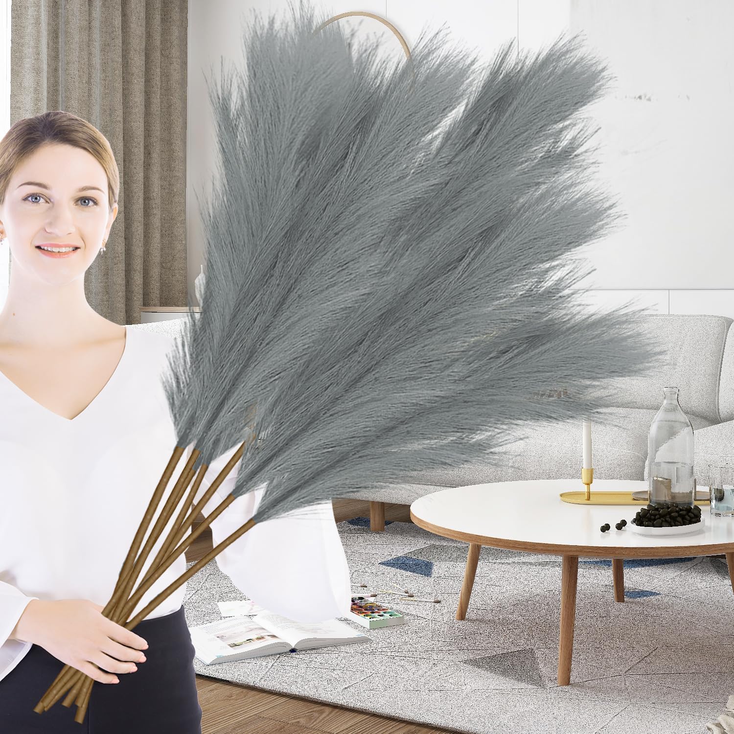 Duscdesp 43"/110cm Artificial Pampas Grass, 6 Pcs Large Fluffy Faux Dried Tall for Floor Vases Wedding, Living Room, Bedroom