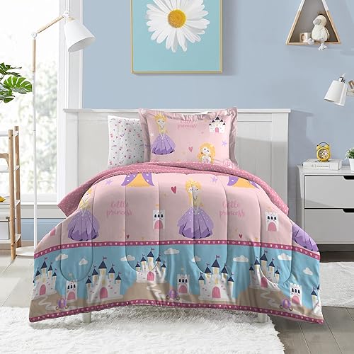 Miniatura 2 de Dream Factory Juego de cama completo de 7 piezas para niños, de microfibra súper suave, fácil de lavar, tamaño matrimonial, princesa rosa