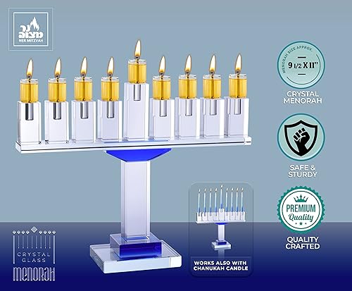 Miniatura 3 de Menorá de Hanukkah de cristal azul  Se adapta a todas las velas estándar de Janucá  Menorá moderna de cristal para Janucá  9 pulgadas de alto Ner