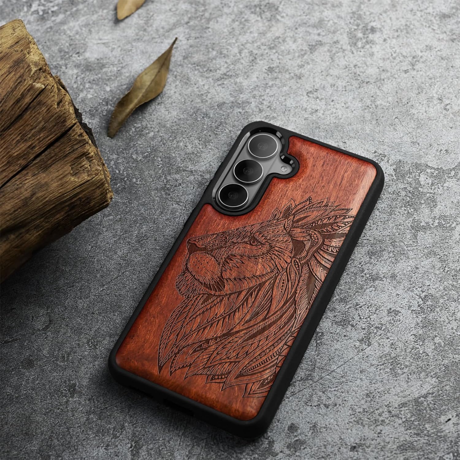 Carveit Magnetic Wooden Case for Samsung Galaxy S26 Case 2026, TPU Shockproof Cover & Wood Artisan Engraved, Compatible with MagSafe Wireless Chargers (The Ornate Lion's Head) Rosy