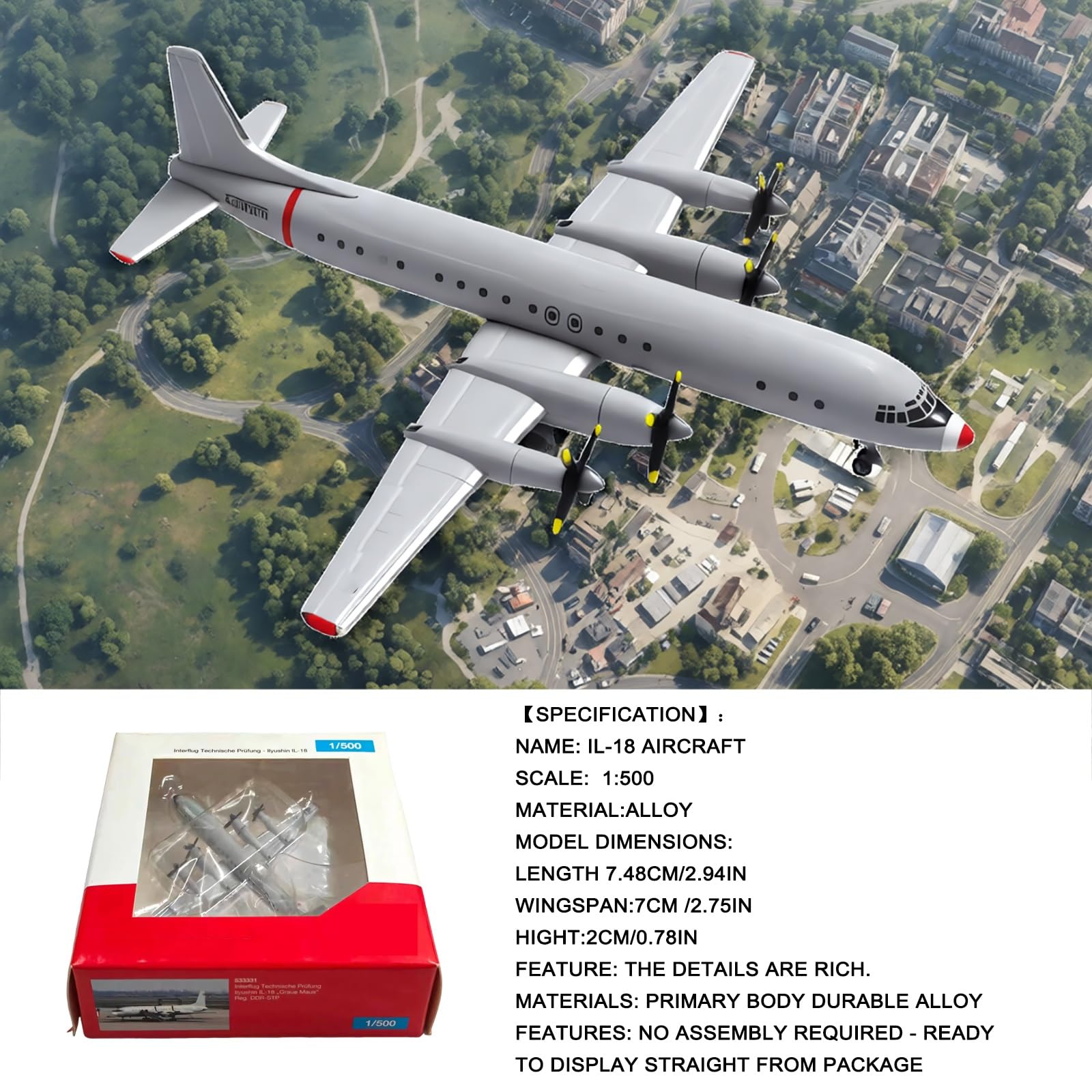 Modello aereo pressofuso lega IL-18 in scala 1:500 Decorazione tavolo alta precisione, espositore collezione alta qualità for libreria ufficio, for collezionisti