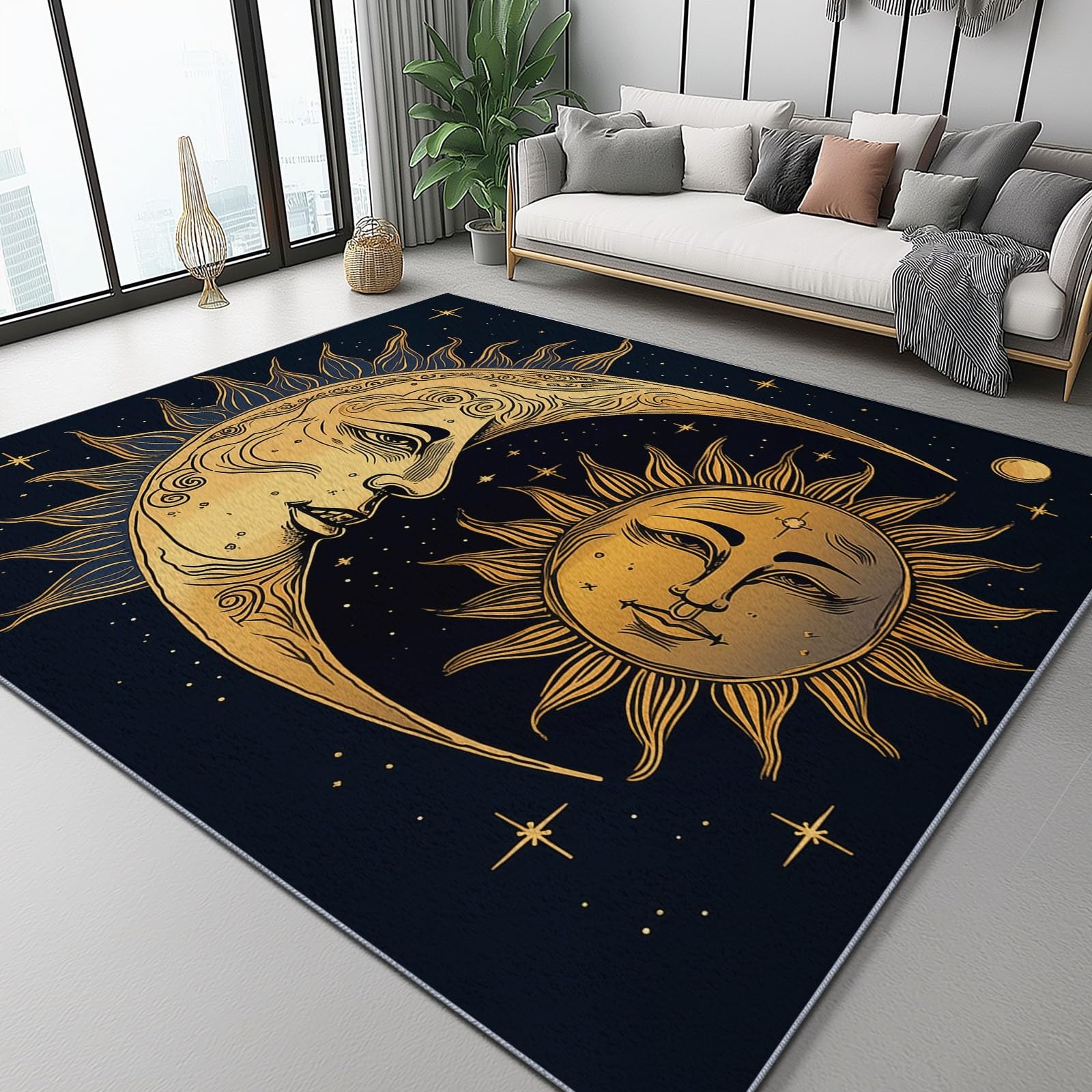 Tapis de salon noir éléments célestes pour sublimer une descente de lit de chambre