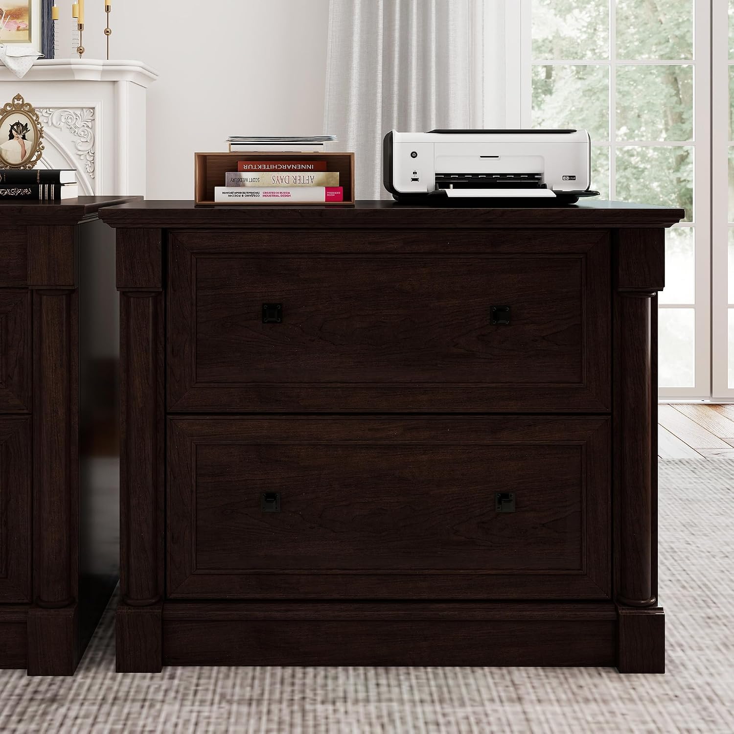 2-Drawer Roman Column File Cabinet, 36.8″ Wide Lateral File Cabinet with Hanging Folders, Fits Letter Legal A4 Sizes, Elegant Classic Design for Home Office Boss Room or Printer Stand, Dark Cherry