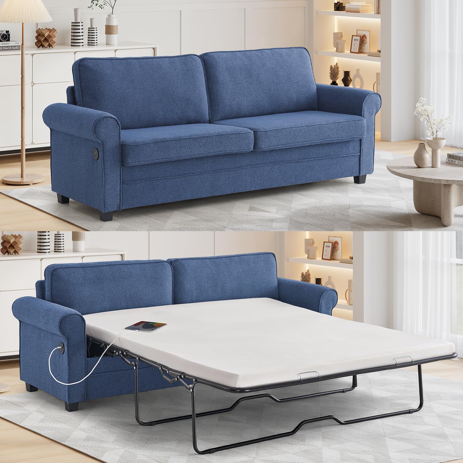 ONBRILL Pull Out Sofa Bed, 83" Queen Size Sleeper Sofa Couch with Pull Out Mattress and USB Port, 2-in-1 Convertible Couch for Small Spaces, Loveseat