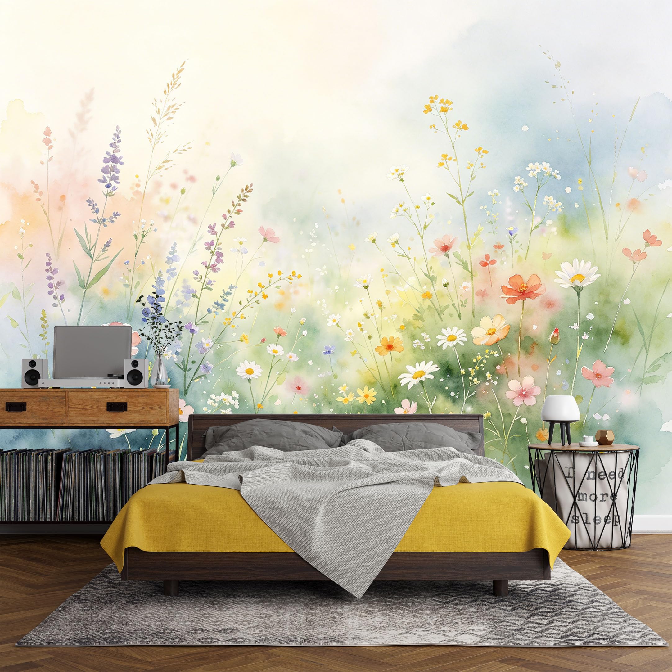 Custom Size Wall Mural， Botanical Watercolor Wildflower Meadow Daisy Lavender Spring Bloom，SelfAdhesive Art Prints wall Fabric (No PVC) Removable Wallpaper Living Room Decor