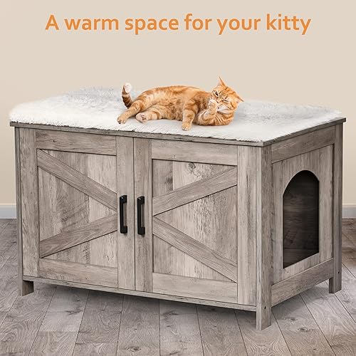 Miniatura 6 de Homhedy Caja de arena para gatos, caja de arena oculta con puerta de granero, muebles de madera para gatos, casa para gatos, se adapta a la mayoría