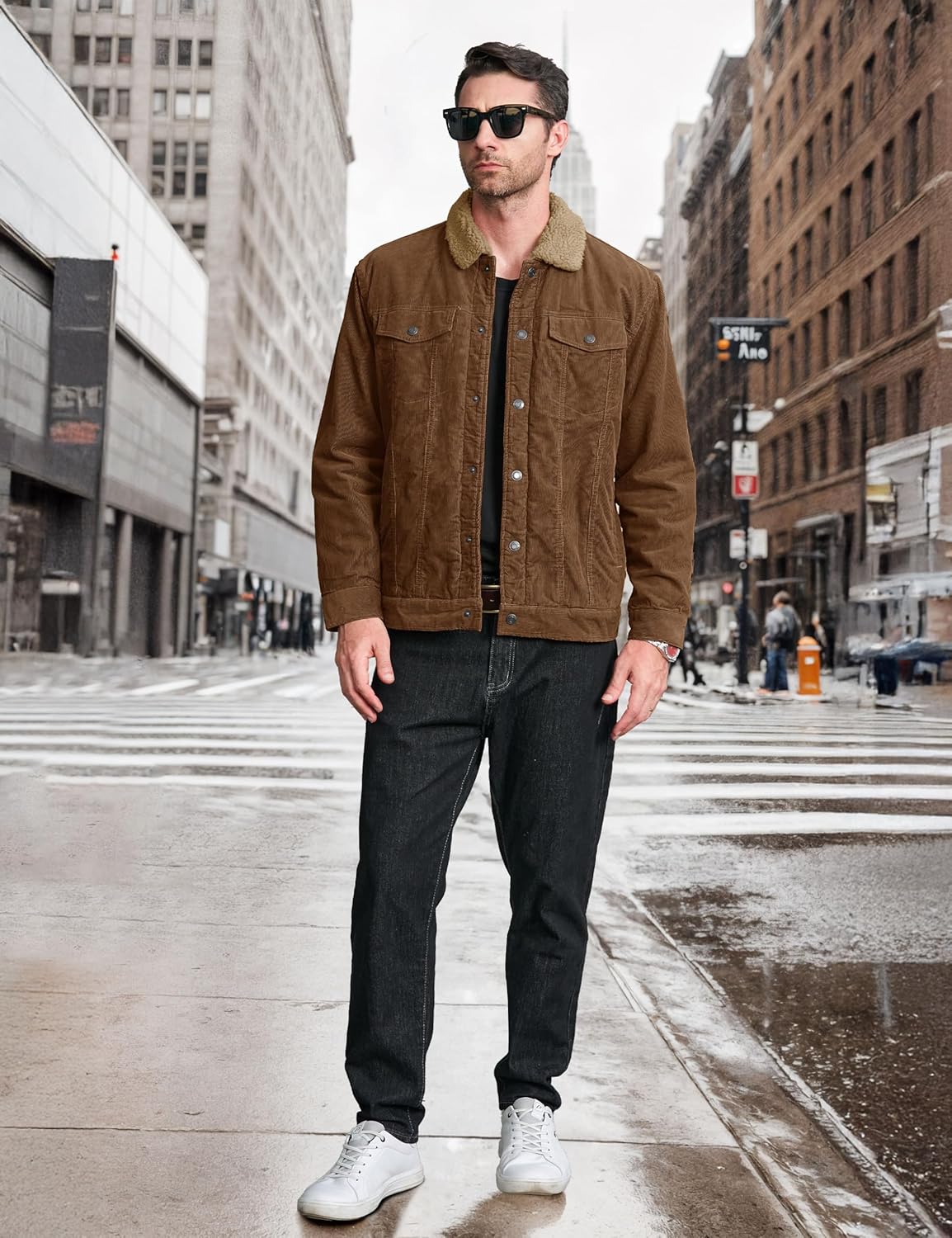 CRYSULLY Men's Corduroy Jacket Cotton Sherpa Lined Jacket Turn-Down Collar Jackets with 5 Pockets - Image 8