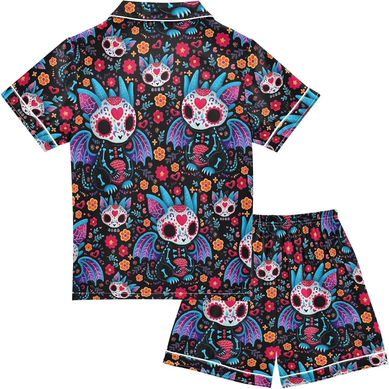 Kids Satin Wear Set Skeleton Dragon Pattern Relaxed Fit Clothing Short Sleeve and Shorts