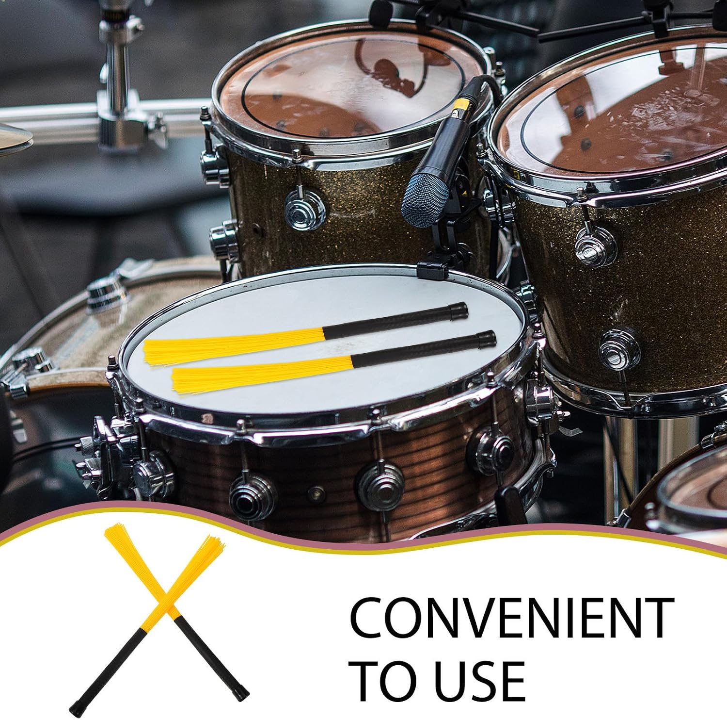 HEMOTON 1 Pair Yellow Nylon Wave Jazz Drum Brushes with Handles, Acoustic Snare Drumsticks, Percussion Accessories for Folk Rock Drummers and Beginners