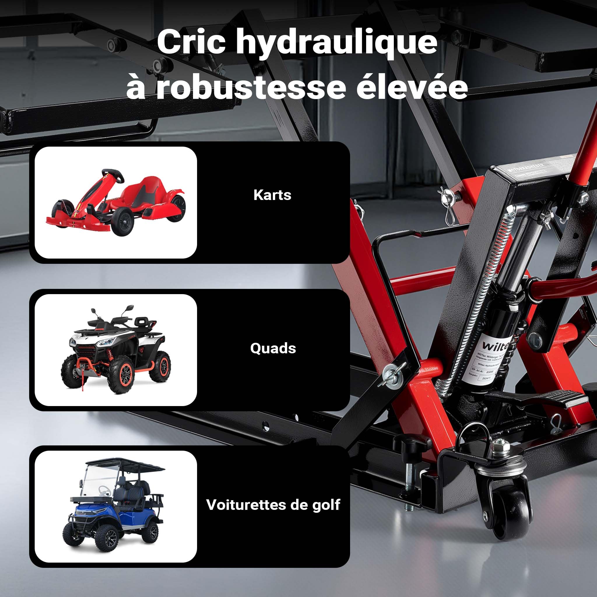 Wiltec Cric hydraulique 3 en 1 – Capacité Max. 300 kg – Hauteur de Levage Max. 530 mm – pour Motos, quads et tracteurs à Gazon – Support de Levage, Pont élévateur 4 Roues
