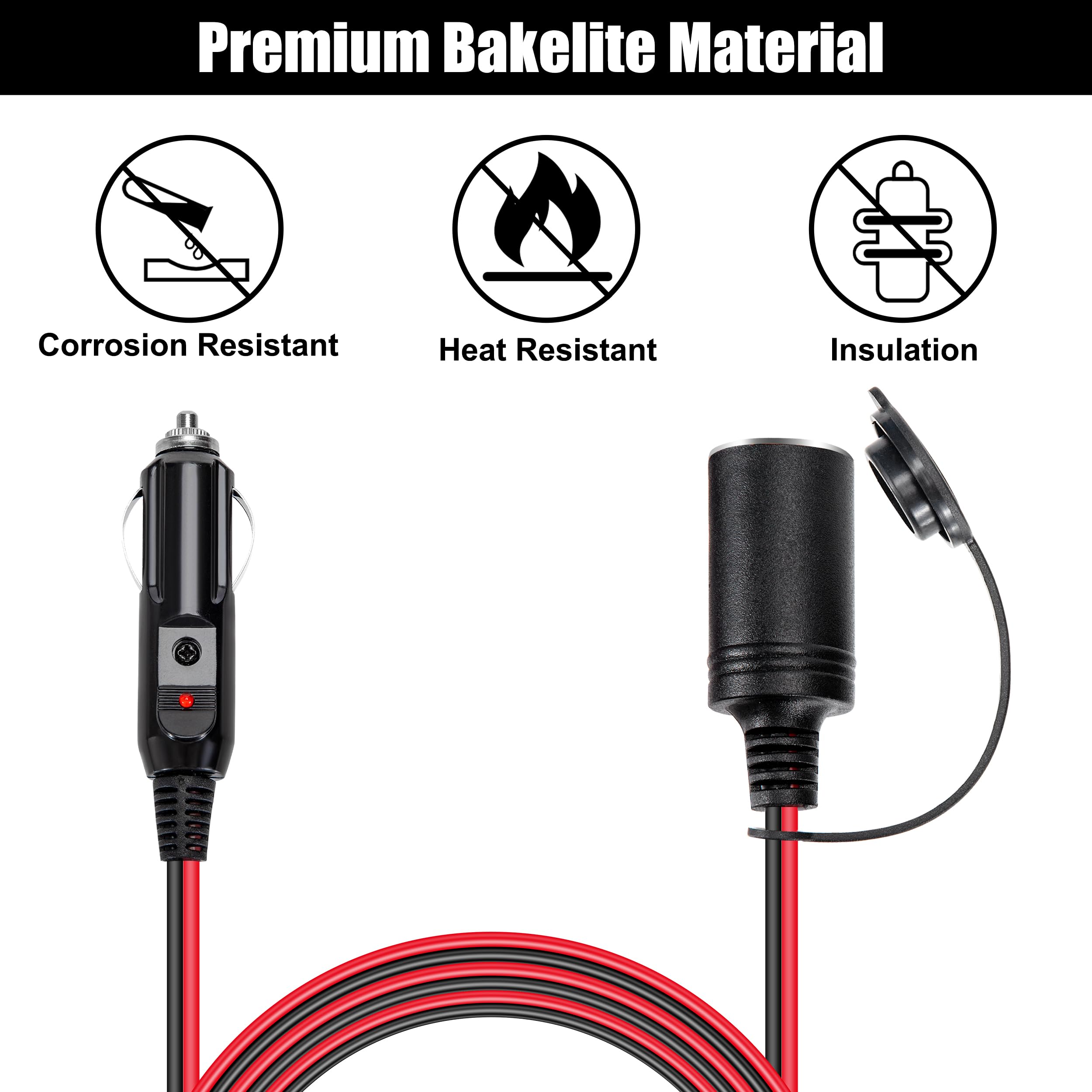 kabel przedłużający do samochodu 2 metry, gniazdo zapalniczki, wtyczka, przedłużacz 16AWG, wodoodporny, z bezpiecznikiem 15A, do 12V/24V, adapter do gniazdka samochodowego, do samochodu