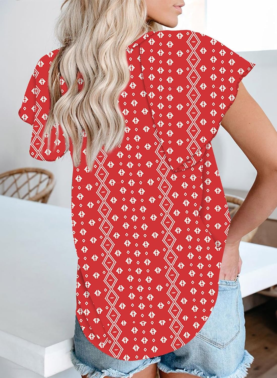 Dokotoo Summer Floral Printed Shirt for Women V Neck Henley Summer Chiffon T Shirts Bohemian Tops Tunic Work Blouses Small Red - Image 3