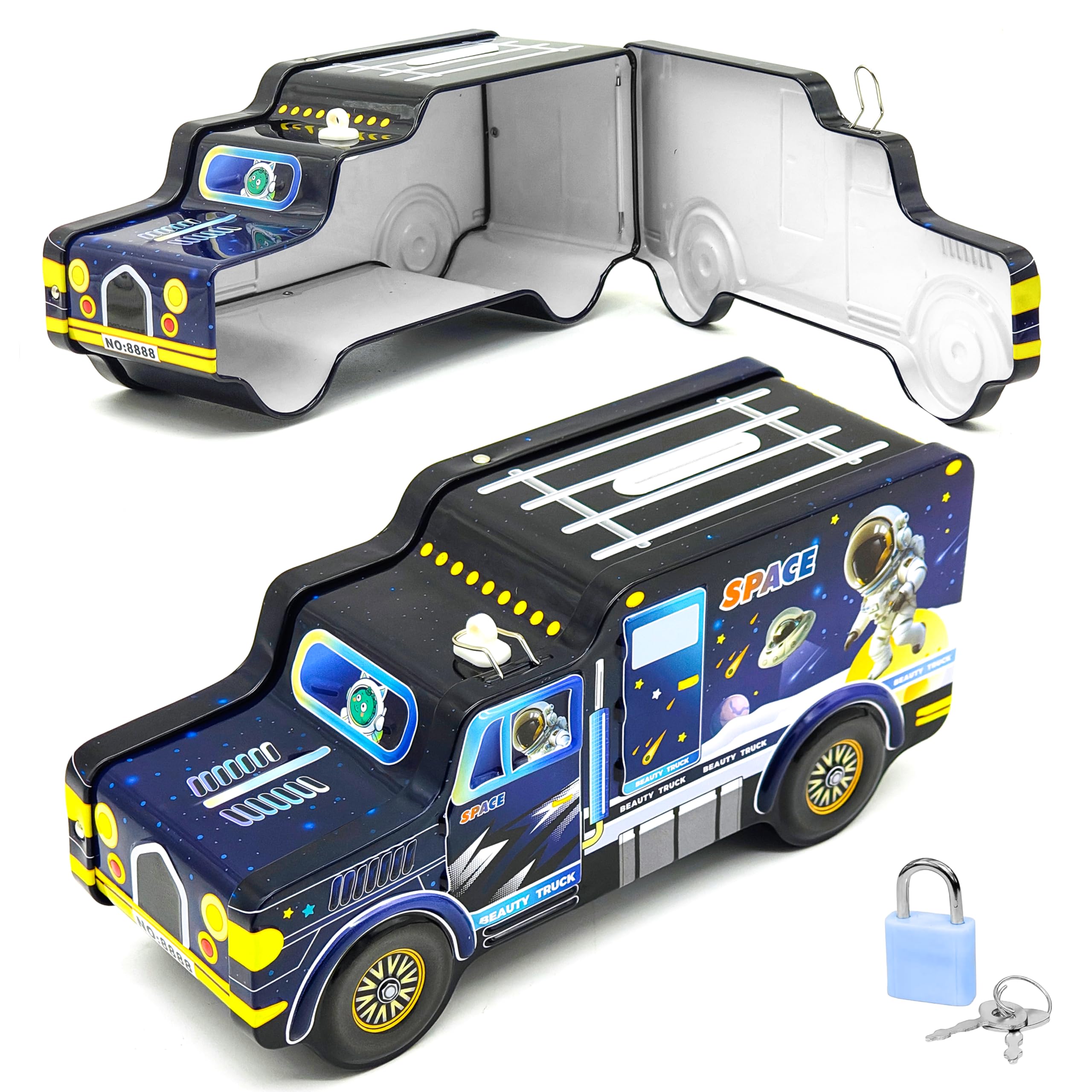 VGRASSP Space Theme Metal Bus Piggy Bank Toy for Kids - Cute Money Safe with Lock and 2 Keys - Gullak Coin Box Gift for Boys and Girls - Color As Per Stock-image-38