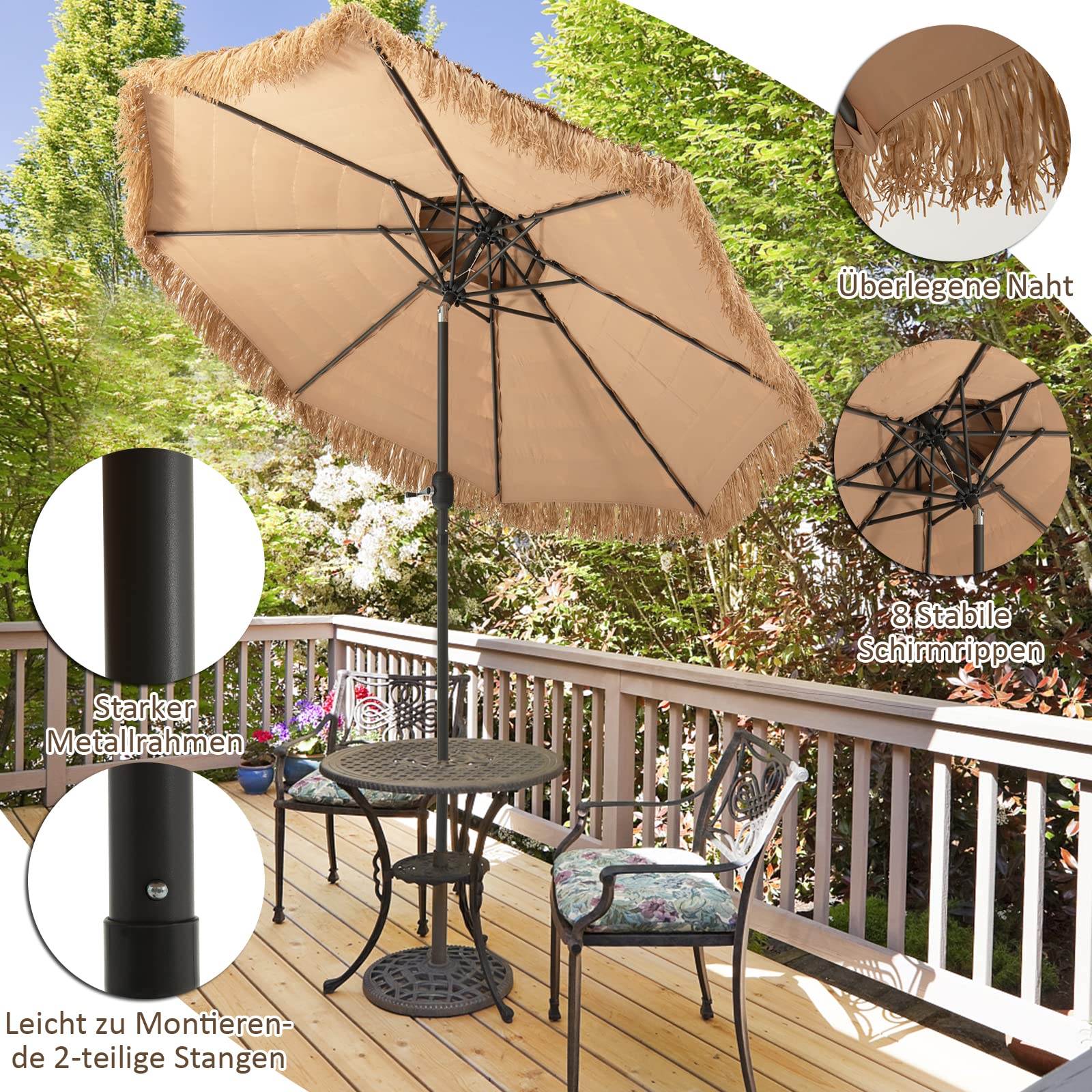 COSTWAY Sonnenschirm Hawaii 300 cm, Gartenschirm mit Kurbel, Strohschirm | Stroh Strandschirm, beidseitig um 30° knickbar, Marktschirm, Terrassenschirm für Garten, Balkon, Terrasse