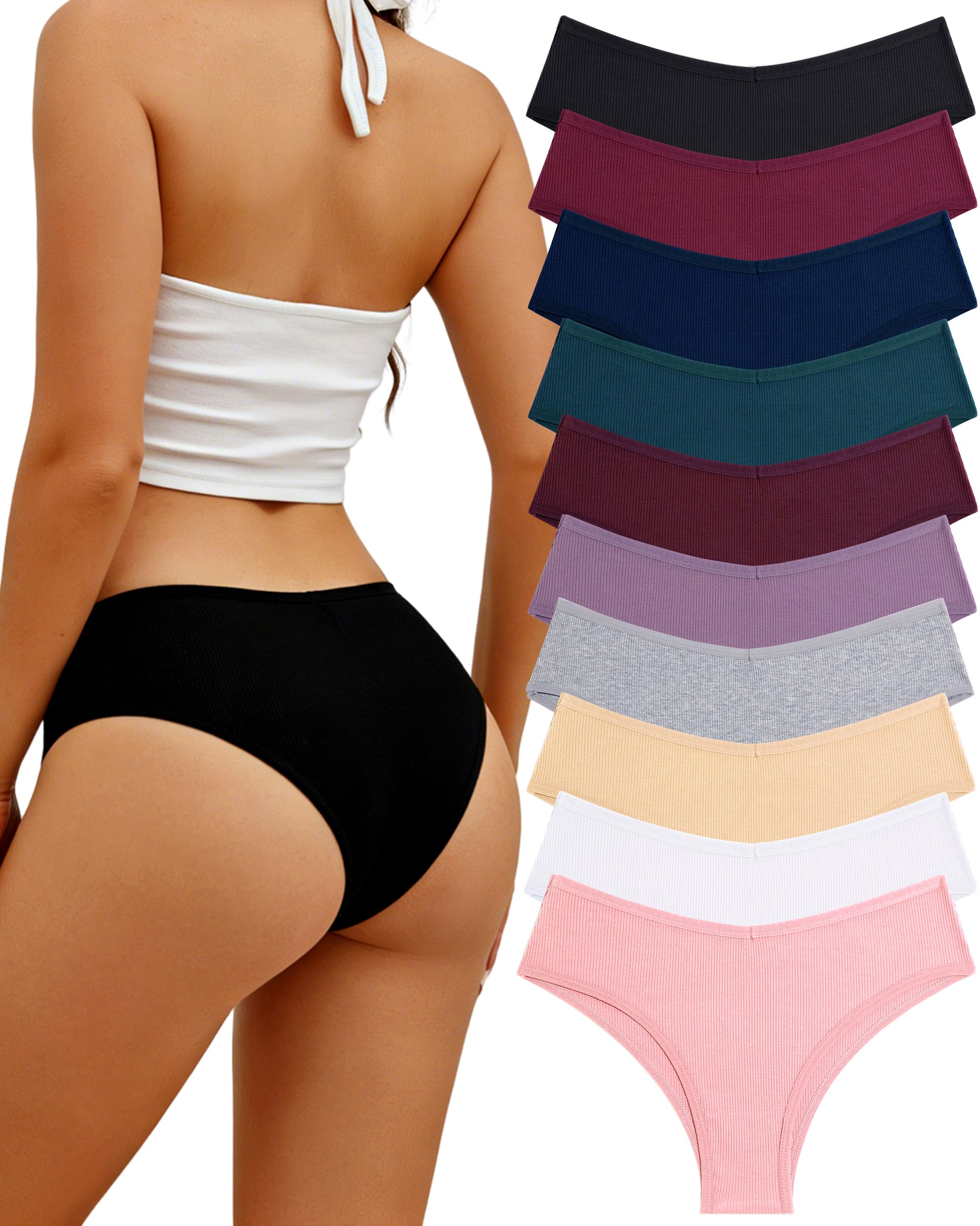 Sth Big 10 Pack Womens Cotton Underwear Sexy Stretch V-Waist Ladies Bikini Panties Low Rise Cotton Cheeky Hipster S-XXL