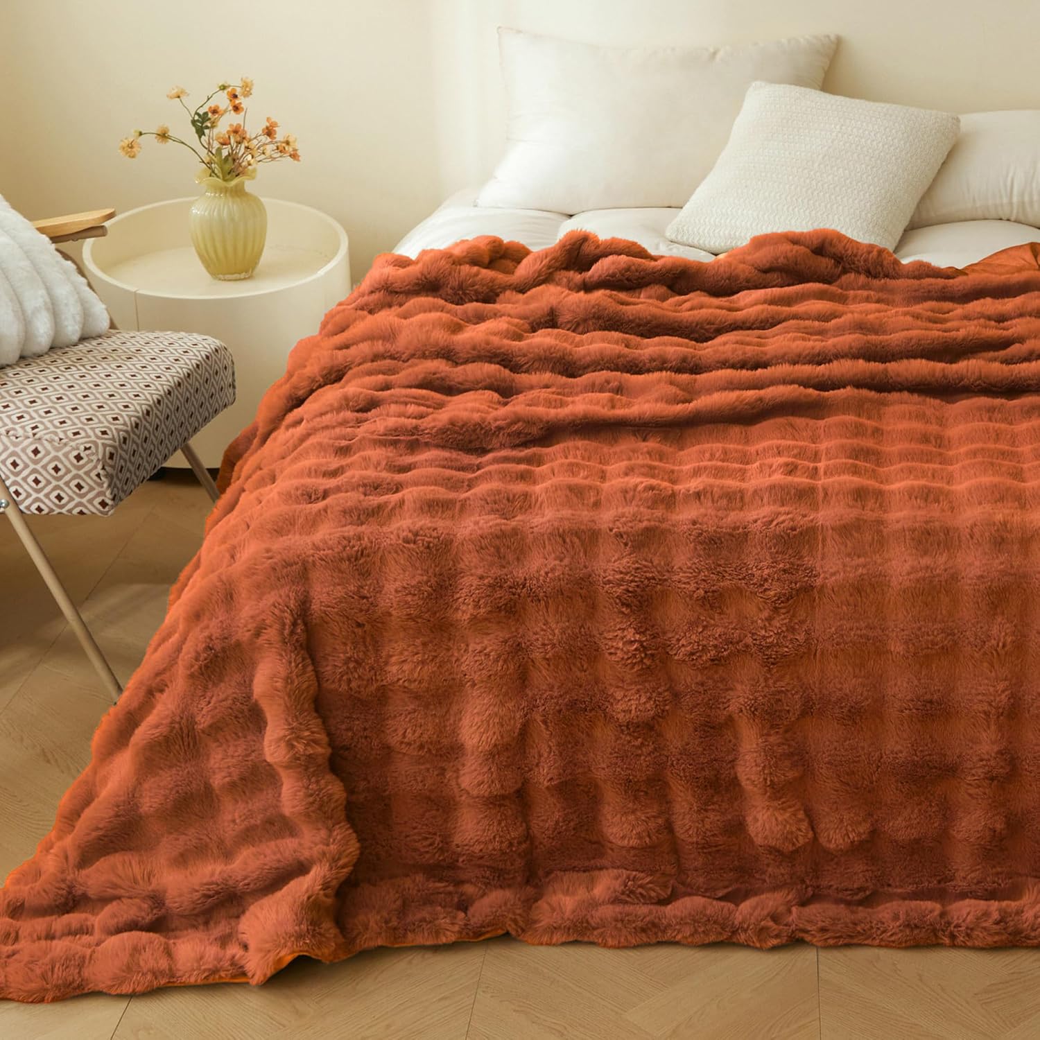 LIFEREVO Luxury Faux Rabbit Fur Queen Size Blanket for Bed, Soft Cozy and Plush Thick Waffle Big Bubble Blanket for All Season, Cute Fuzzy Throw Home Decor for Adults Kids, 90x90, Burnt Orange - Image 5