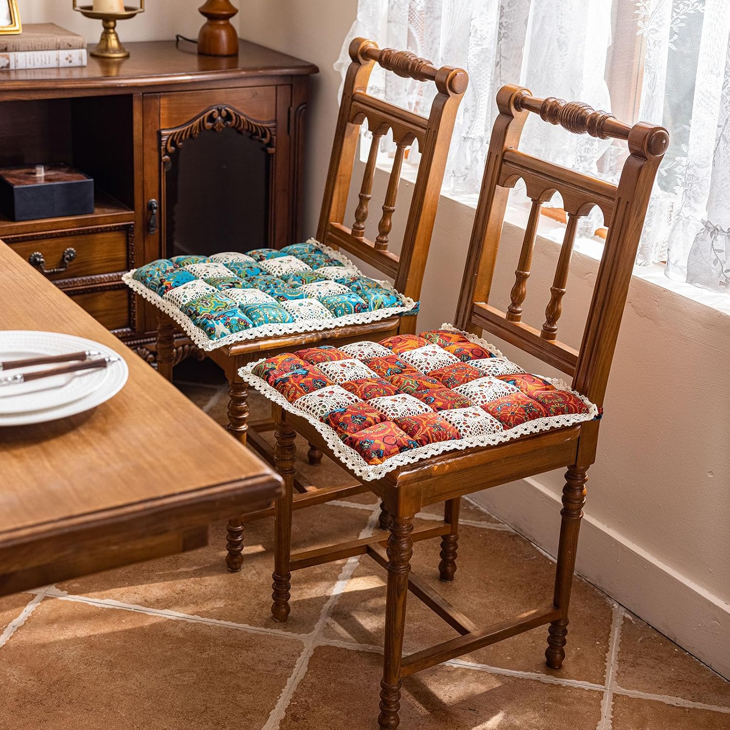 vctops Boho Patchwork Quilted Chair Cushions with Ties Cotton Linen Floral Print Lace Trim Chair Pads No Slip Backing Seat Cushions for Indoor Dining Room and Kitchen Chairs (Turquoise,16"x16")