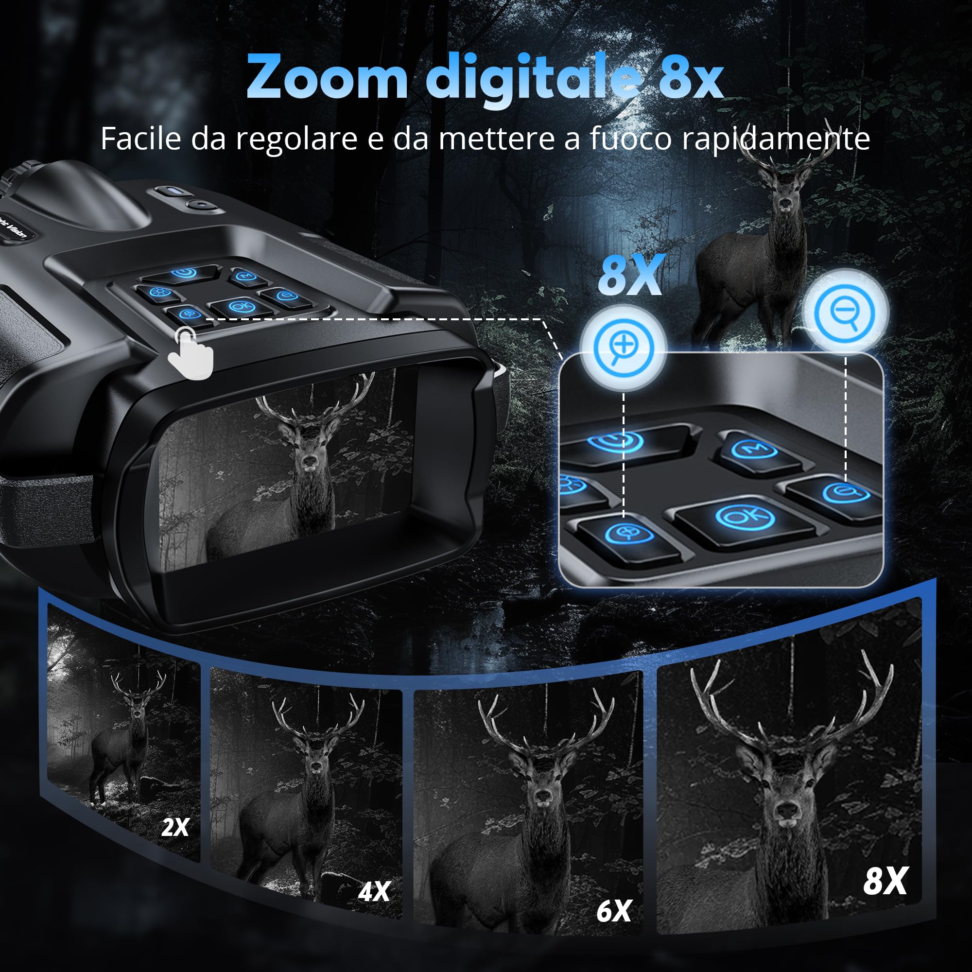 TKWSER Binocolo Visione Notturna - Infrarossi Visibili 600M nel 100% dell'Oscurità con Zoom Digitale 8X, Ricaricabili da 5000mAh, con Luce Tattica, per la Caccia, per Adulti