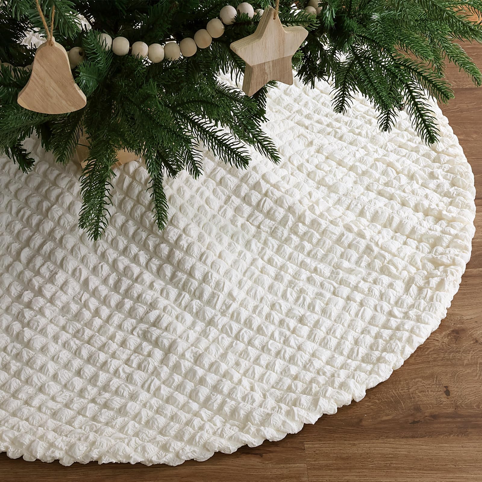 Bunny Chorus Christmas Tree Skirt: 48 inches Soft Creamy-White Tree Skirt with Diamond Patterns, Large Waffle Plaid Xmas Tree Collar, Cute Puff Cloud Bubble Tree Skirts for Home Office Decor Indoor
