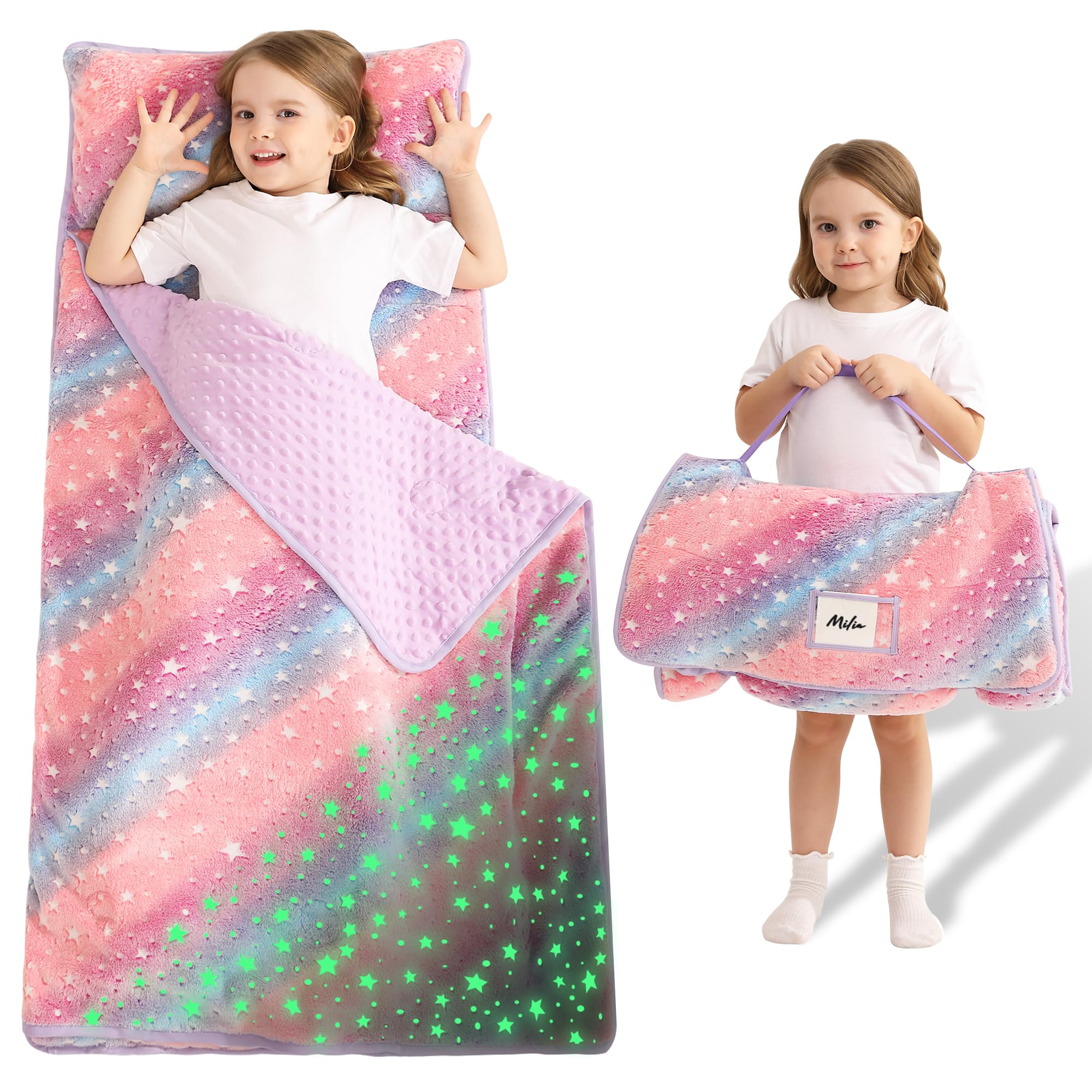 Toddler Nap Mat with Pillow and Blanket, Extra Large Rolled Napping Mats,Slumber Bags for Boys Girls,Kids Sleeping Bag for Daycare, 21" x 50" Preschool Travel Camping - Glowing Star