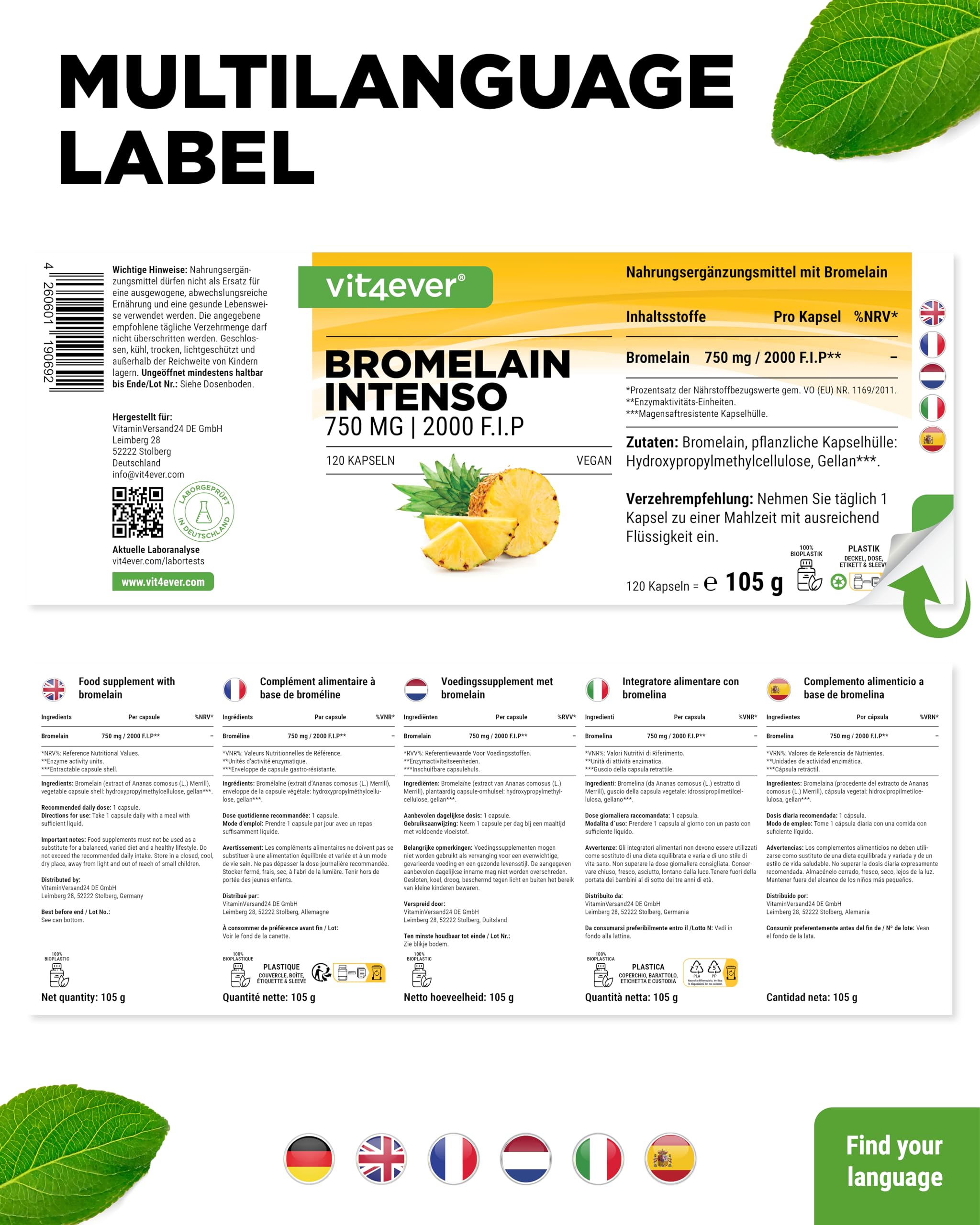 Bromelain Intenso - 750 mg (2000 F.I.P) - 120 magensaftresistente Kapseln - Natürlicher Ananas Extrakt - Laborgeprüft - Vegan - Hochdosiert
