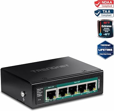 TRENDnet 5-Port Industrial Gigabit PoE++ Powered DIN-Rail Switch with PoE Pass-Through, TI-B541, Ethernet Splitter, 65W Power Budget, NDAA & TAA Compliant, Lifetime Protection, Black
