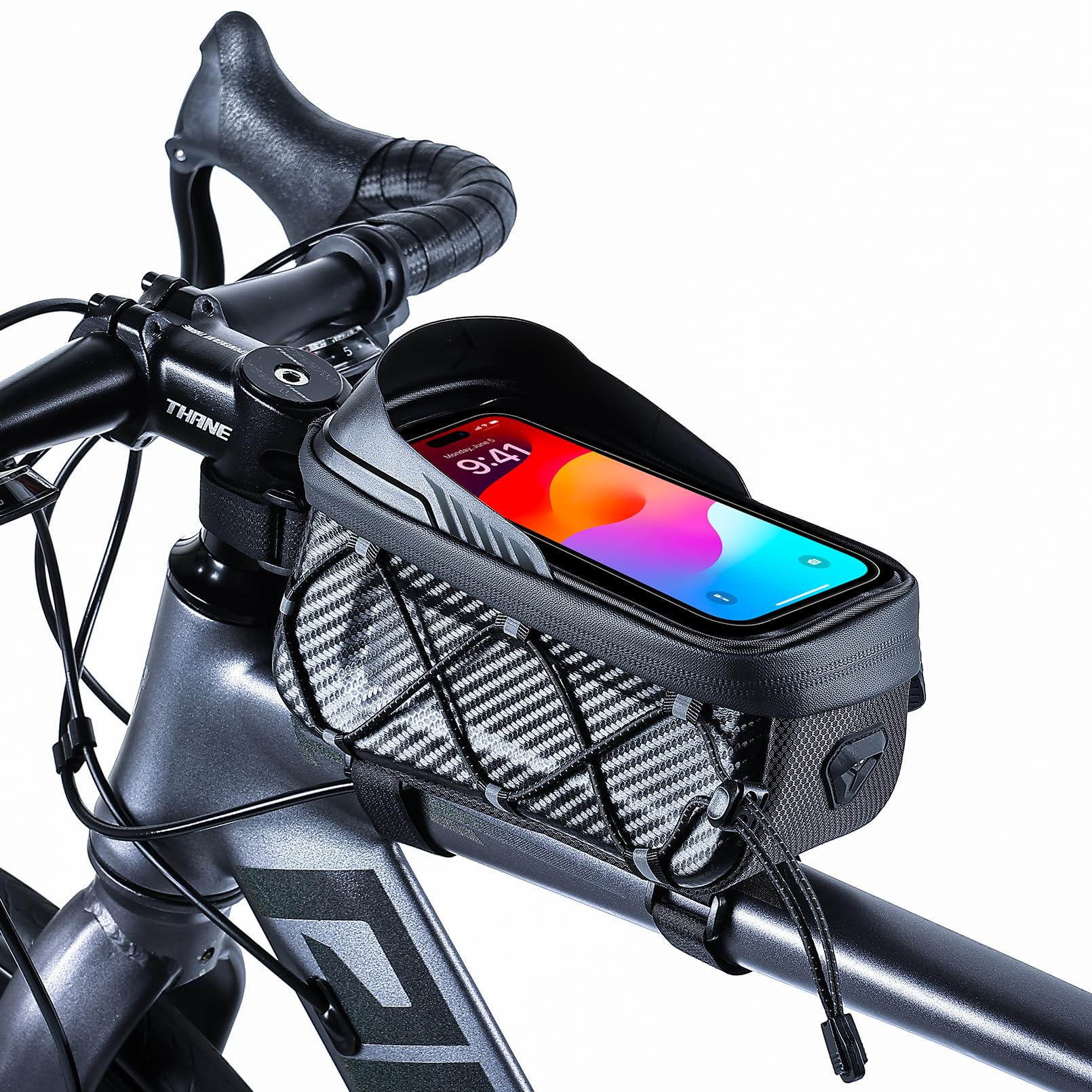 Faireach Waterproof Bike Frame Bag with Phone Holder, Large Capacity Top Tube EVA Bicycle Bag, TPU Touch Screen, Side Mesh Pocket with Elastic Cord, Stable Handlebar Mount, Fits Phones up to 6.9"