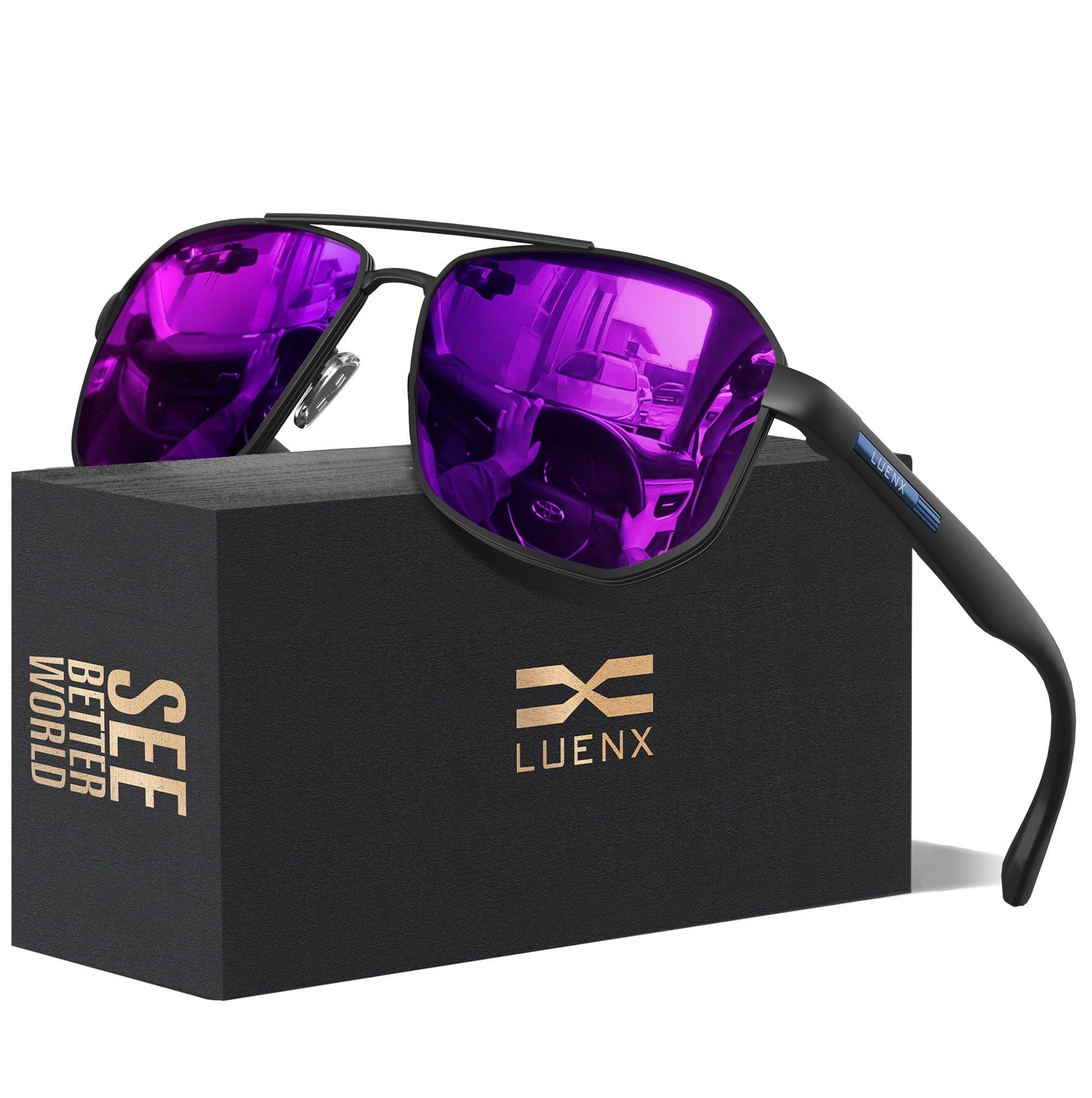 LUENX Aviator Sunglasses for Men Square Polarized Polygon Lens - UV 400 Protection with Accessories Driving Outdoor