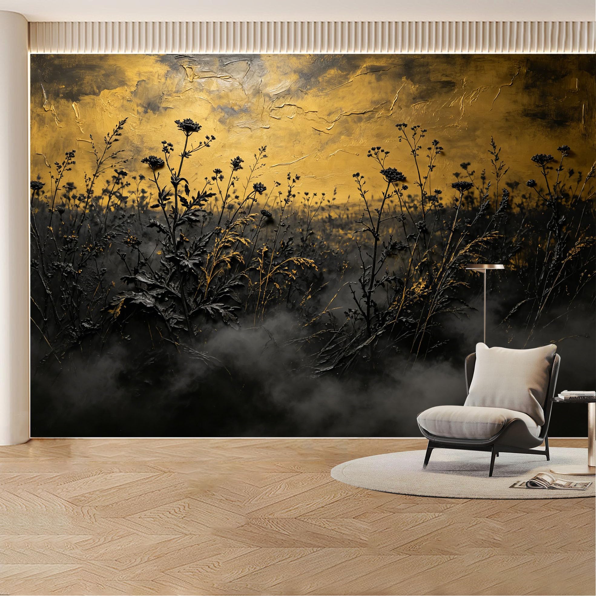 Custom Wall Mural Wallpaper Gold Flower Meadow， Nature 3D Effect Wall Decor Large Wall Art， Luxury Misty Modern for Living Room， Bedroom， Office
