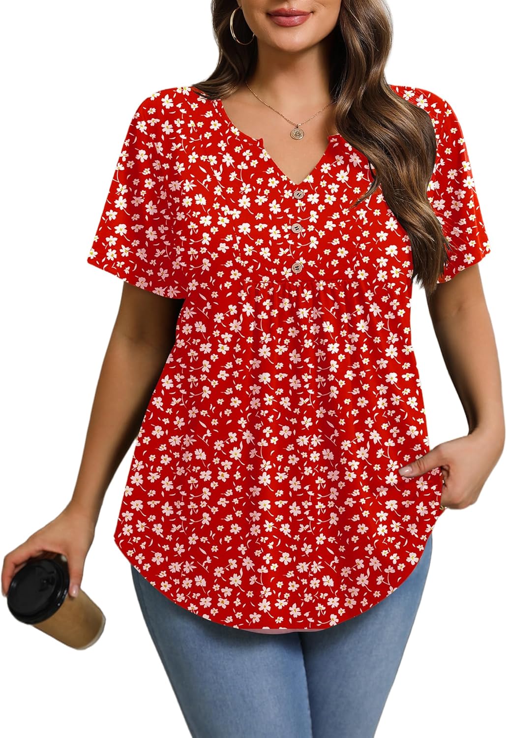 IN'VOLAND Womens Plus Size Tunic Top Summer Short Sleeve T-Shirt V-neck Button Up Dressy Blouse Casual Pleated Pullover 1X-5X - Image 5