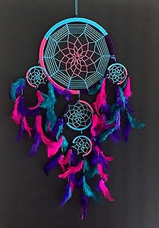 OMA Dream Catcher Traditional Tie Dye Colors Turquoise, Pink & Purple Feathers - 8.5
