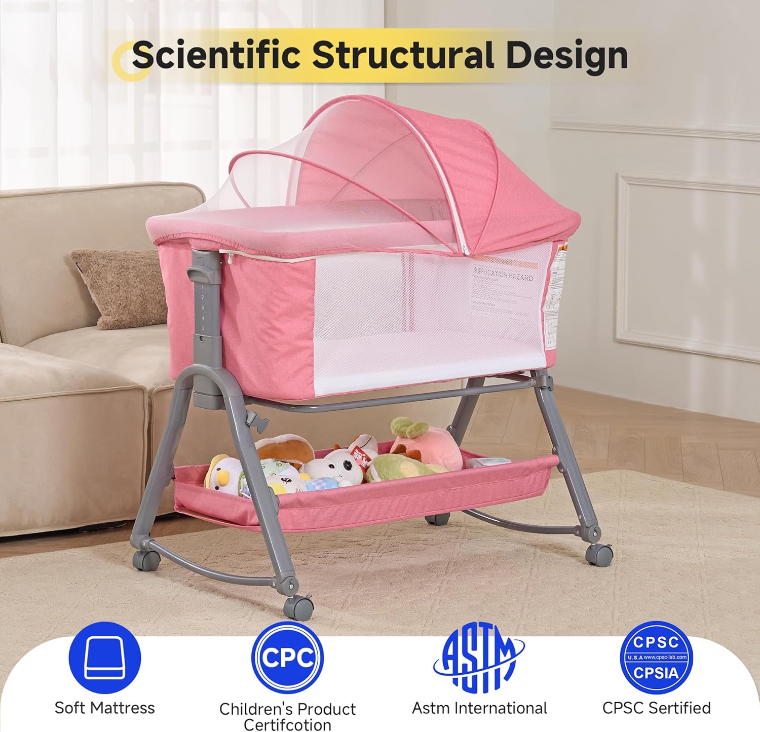 Real Relax Bassinet Bedside Sleeper, Bedside Bassinet Crib for Baby Girl, 6-Level Adjustable Height Rocking Bassinet with Breathable Mesh Sides, Mattress, Large Storage, Lockable Wheels, Pink