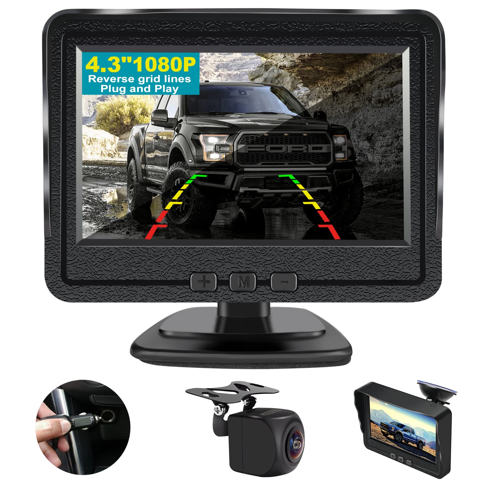HOSOOD 4.3 Inch HD Backup Camera Rear View Monitor for 12V Car Easy Installation Plug and Play Starlight Night Vision Waterproof with Bracket and Sucker