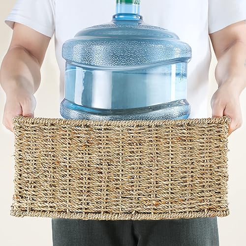 Miniatura 5 de HOONEX Cestas grandes de mimbre para almacenamiento, cestas de hierba marina con asas dobles, cestas tejidas para almacenamiento, juego de 3,