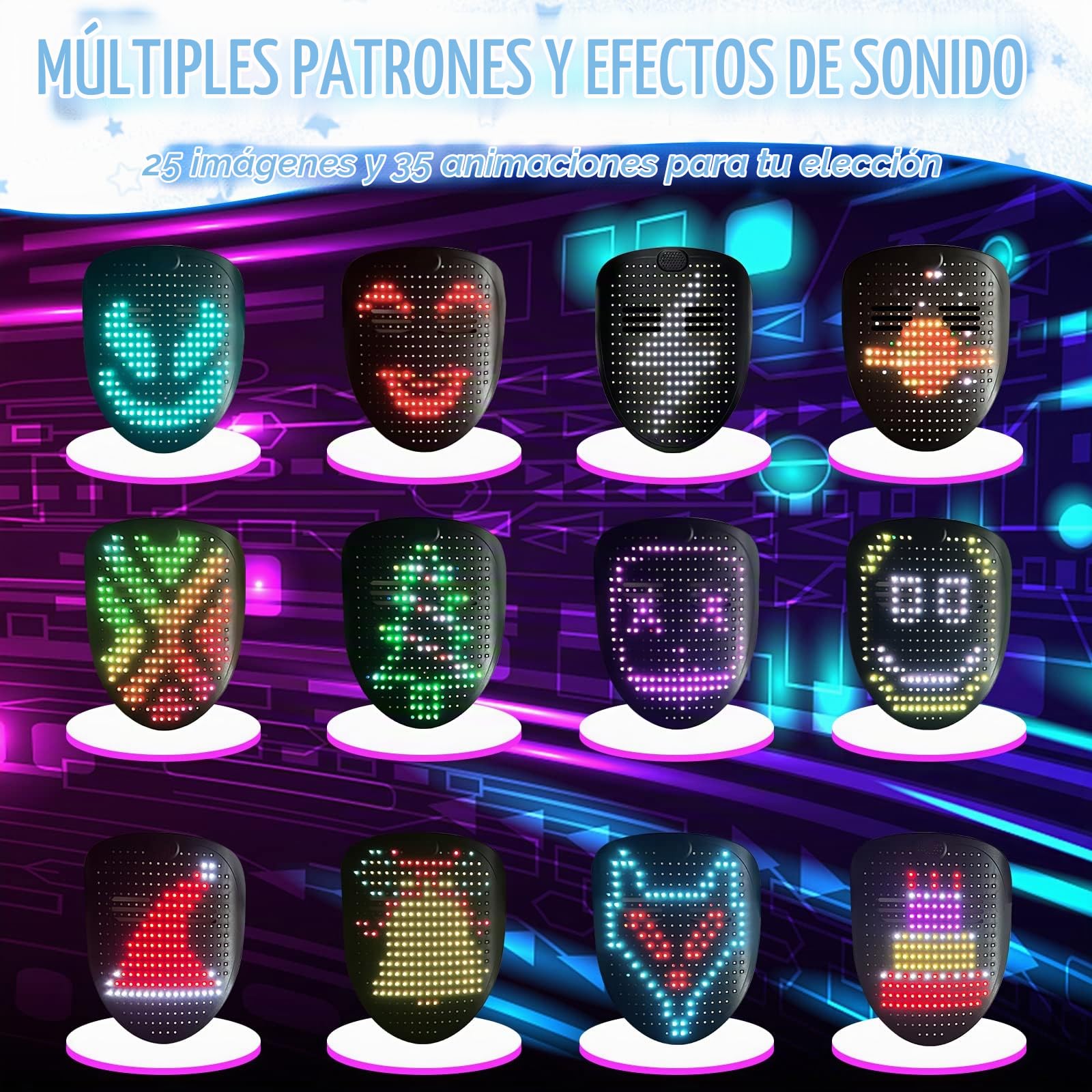 MOYACA Máscara LED detección de gestos, máscara iluminada con pantalla de 70 patrones para niños/hombres/mujeres Halloween Navidad Cosplay